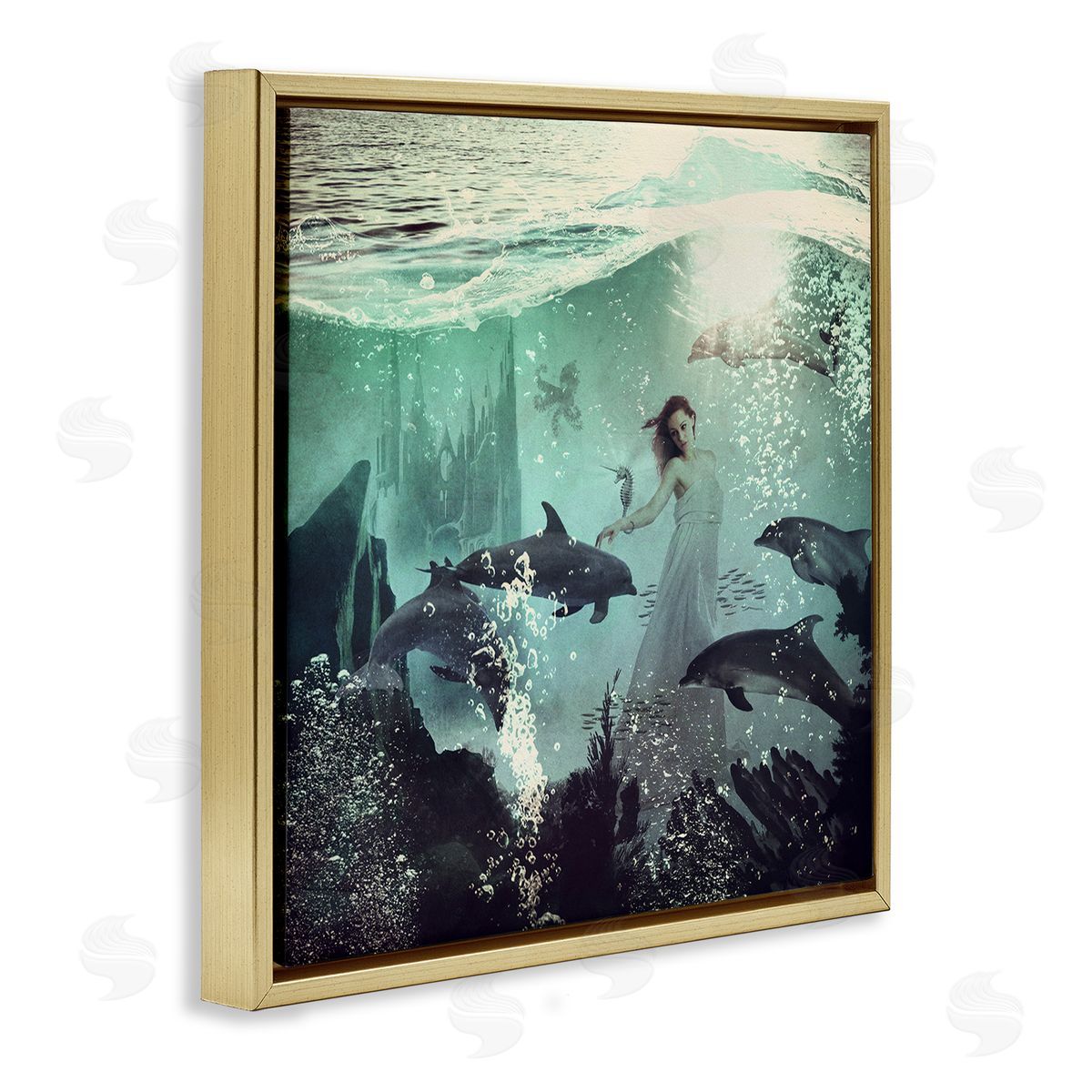 Paula Belle Flores Surreal Woman Underwater Dolphins Splashing Bubbles  Gold Floating Frame Canvas Wall Art Print