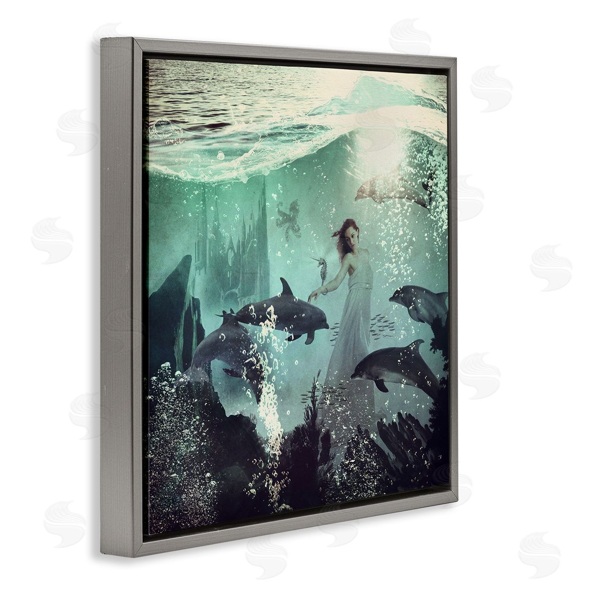 Paula Belle Flores Surreal Woman Underwater Dolphins Splashing Bubbles  Gray Floating Frame Canvas Wall Art Print