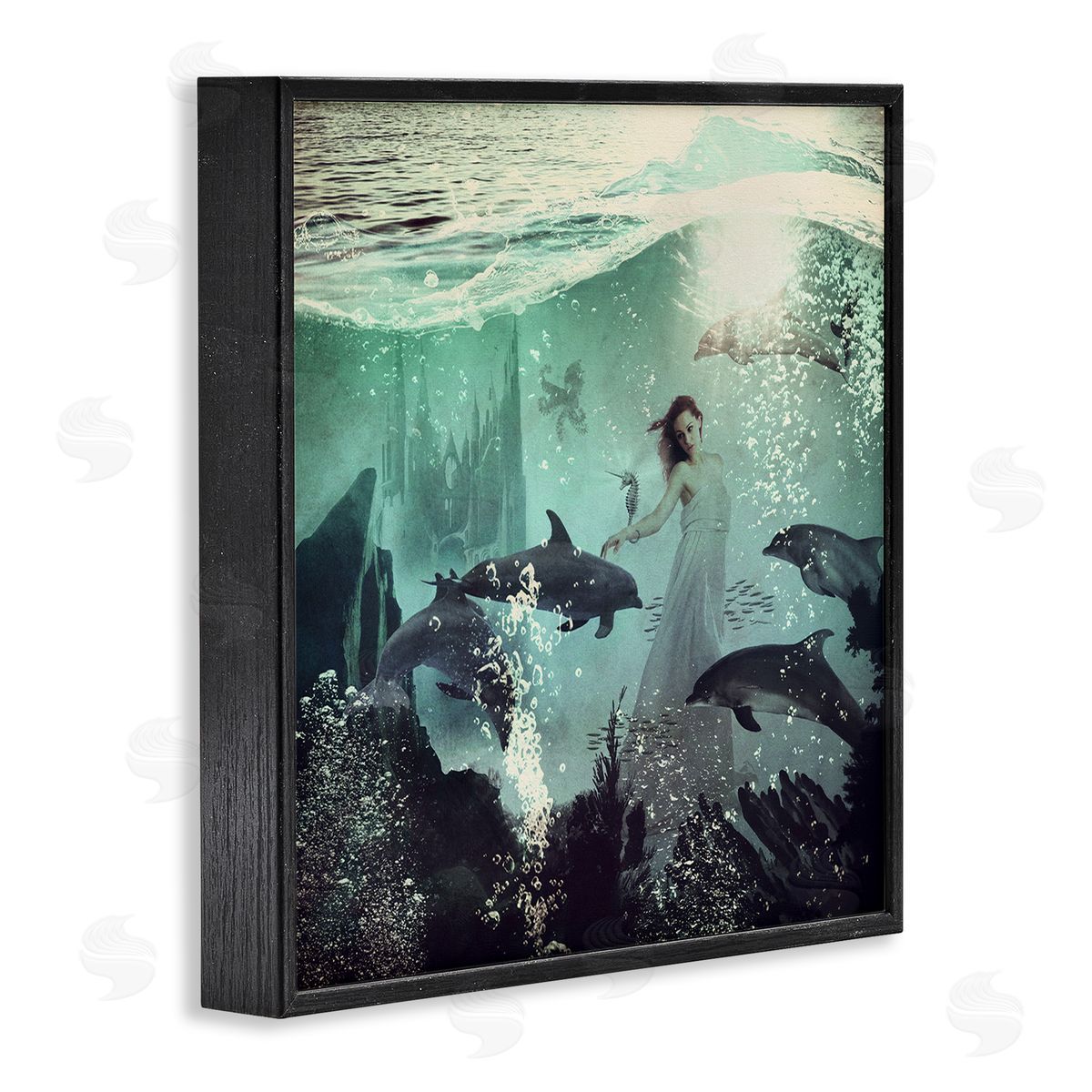 Paula Belle Flores Surreal Woman Underwater Dolphins Splashing Bubbles  Black Framed Glicee Wall Art Print