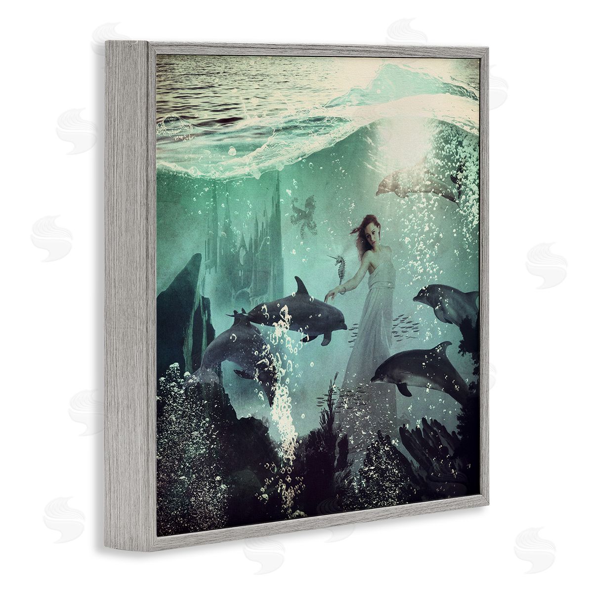 Paula Belle Flores Surreal Woman Underwater Dolphins Splashing Bubbles  Gray Framed Glicee Wall Art Print