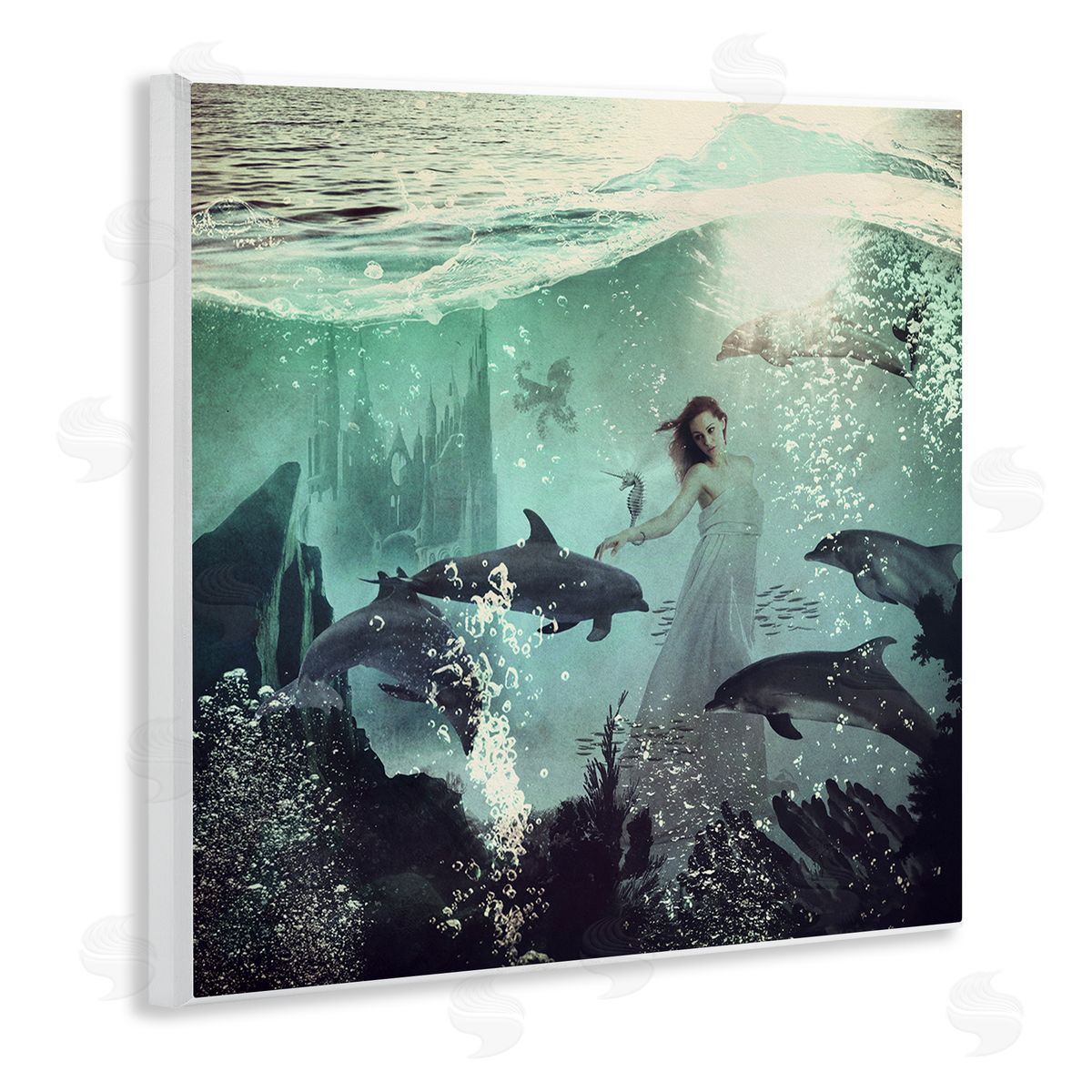 Paula Belle Flores Surreal Woman Underwater Dolphins Splashing Bubbles  Wooden Wall Plaque Art Print