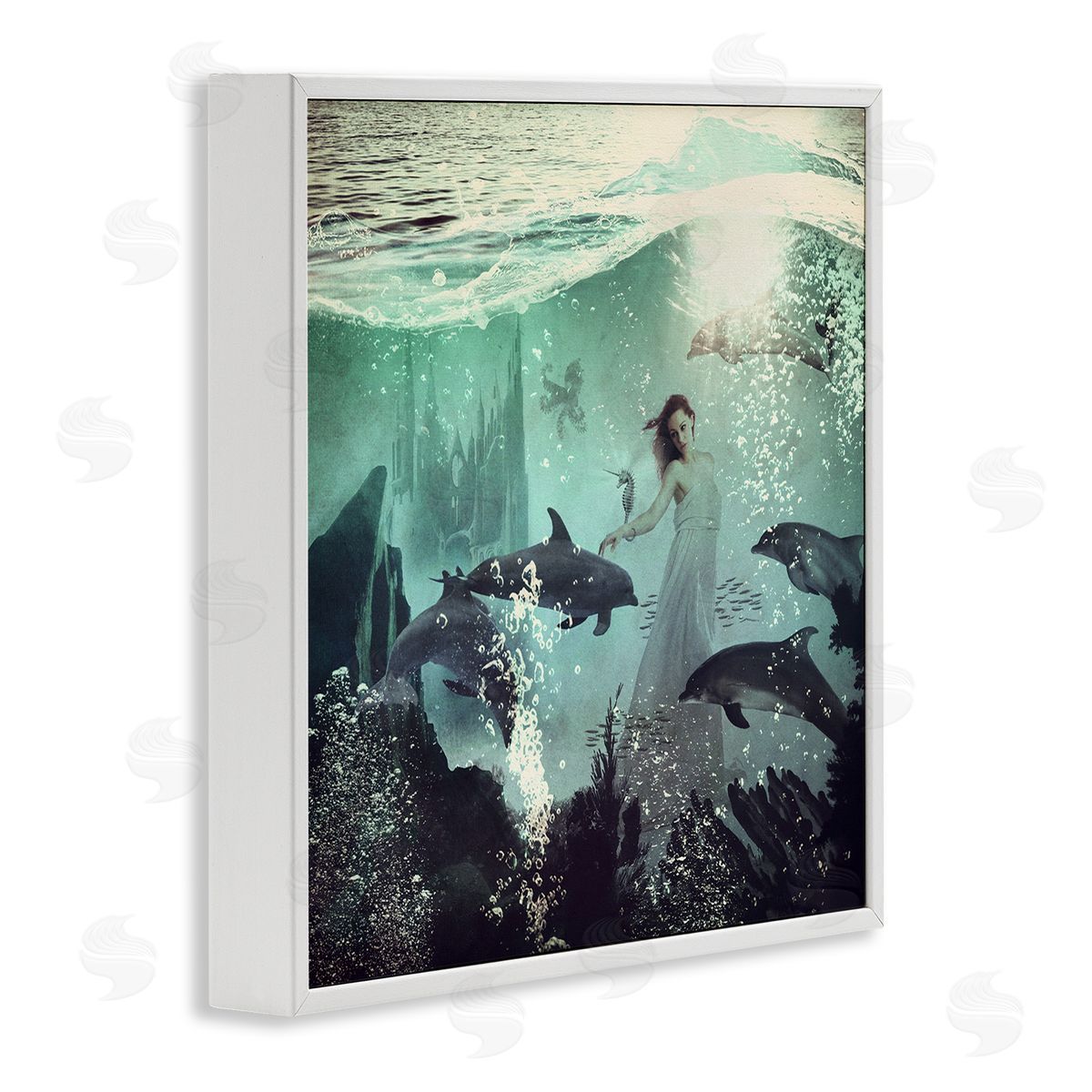 Paula Belle Flores Surreal Woman Underwater Dolphins Splashing Bubbles  White Framed Glicee Wall Art Print