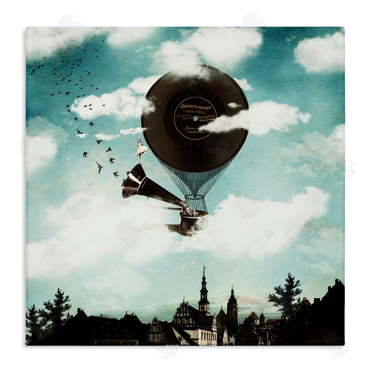 Paula Belle Flores Serene Gramophone Flying Birds Clouds City Buildings  Stretched Canvas Wall Art Print