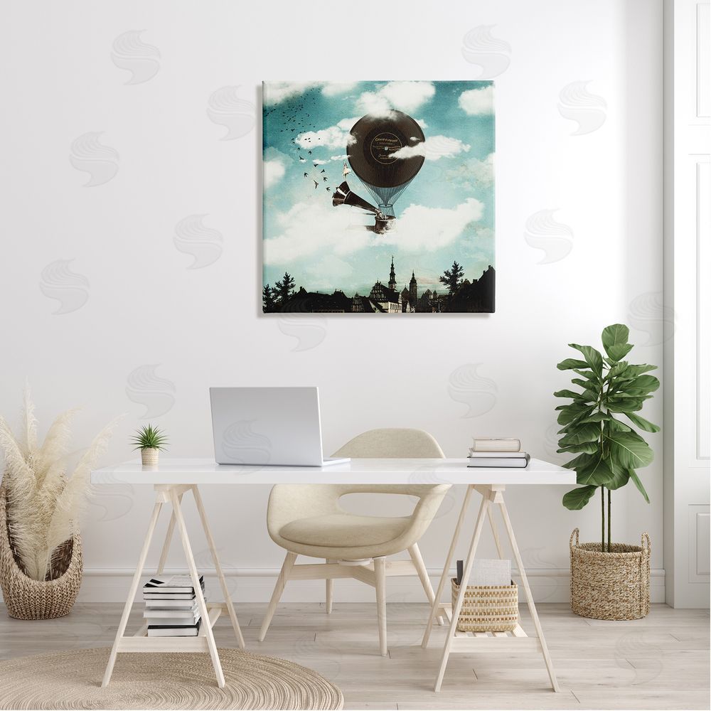 Paula Belle Flores Serene Gramophone Flying Birds Clouds City Buildings  Canvas Wall Art in Room
