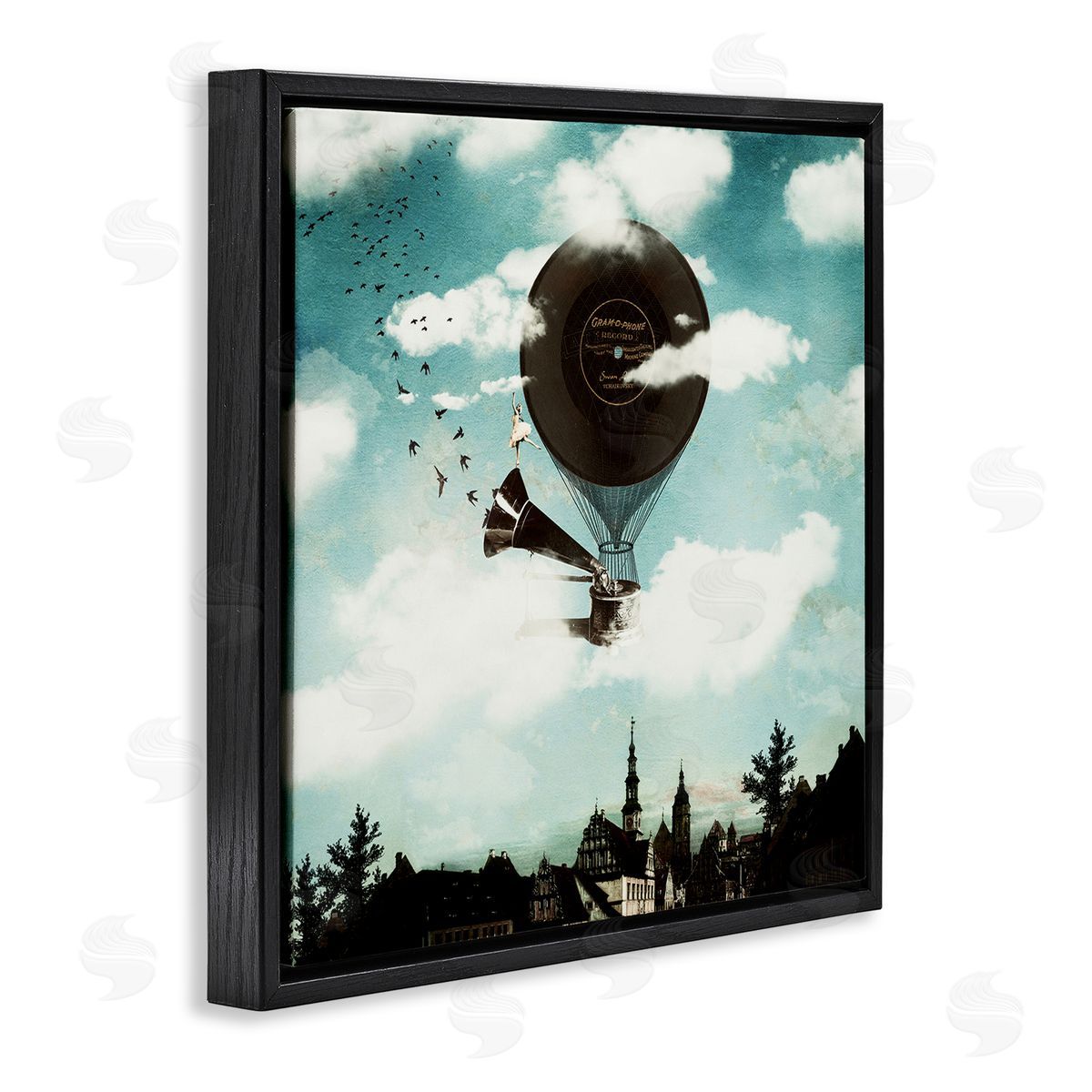 Paula Belle Flores Serene Gramophone Flying Birds Clouds City Buildings  Black Floating Frame Canvas Wall Art Print