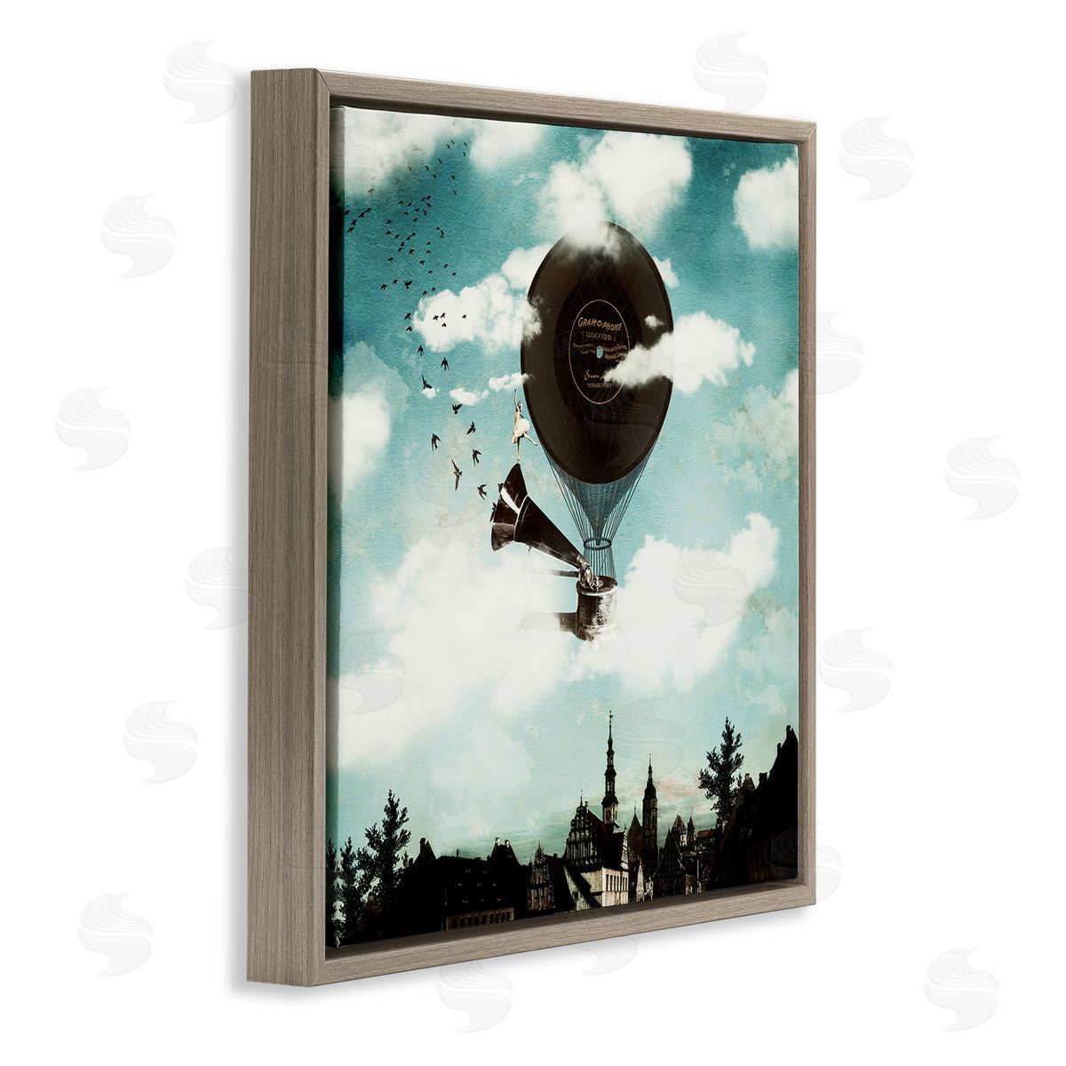 Paula Belle Flores Serene Gramophone Flying Birds Clouds City Buildings  Brown Floating Frame Canvas Wall Art Print