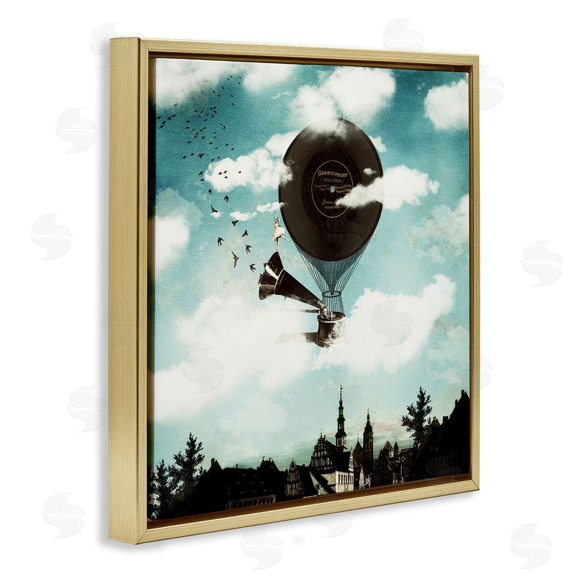 Paula Belle Flores Serene Gramophone Flying Birds Clouds City Buildings  Gold Floating Frame Canvas Wall Art Print