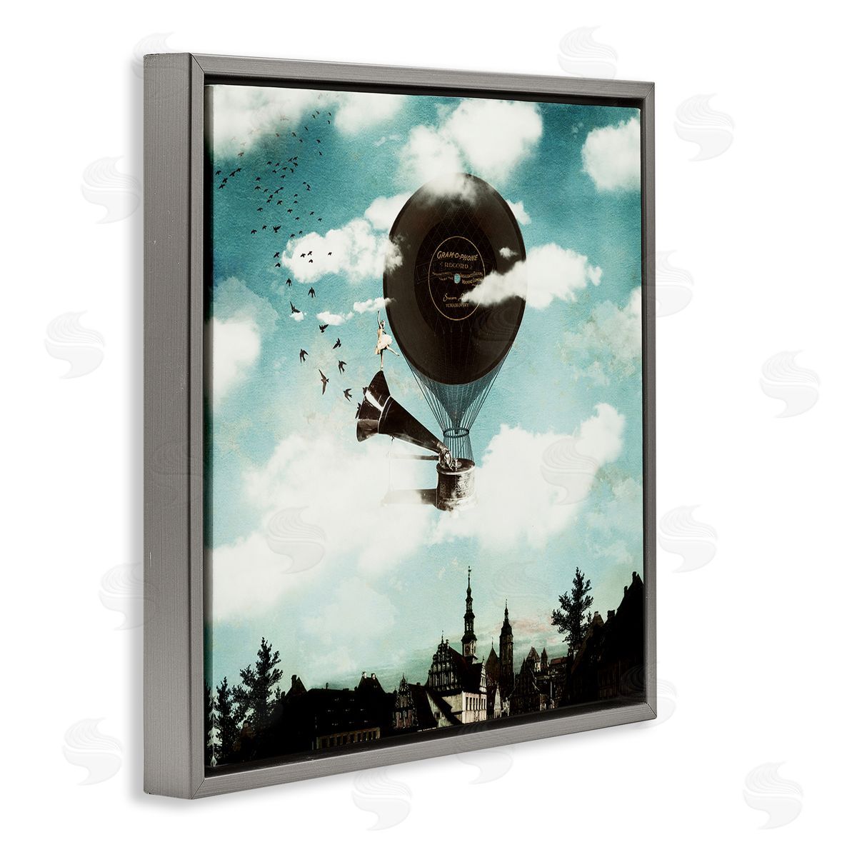 Paula Belle Flores Serene Gramophone Flying Birds Clouds City Buildings  Gray Floating Frame Canvas Wall Art Print