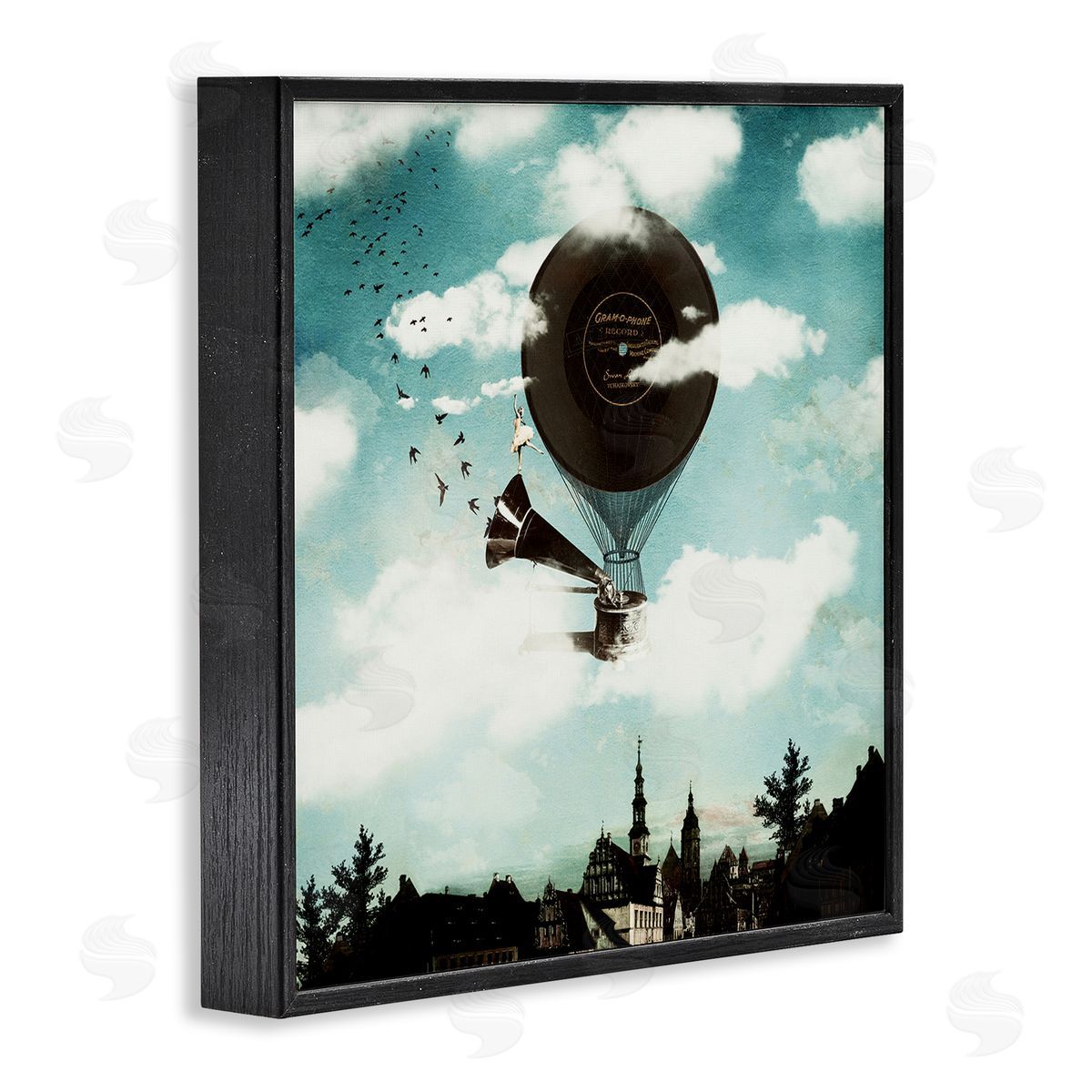 Paula Belle Flores Serene Gramophone Flying Birds Clouds City Buildings  Black Framed Glicee Wall Art Print