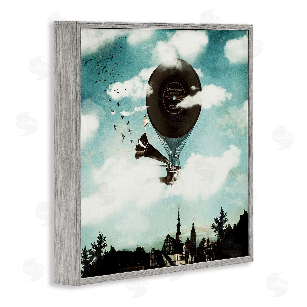 Paula Belle Flores Serene Gramophone Flying Birds Clouds City Buildings  Gray Framed Glicee Wall Art Print