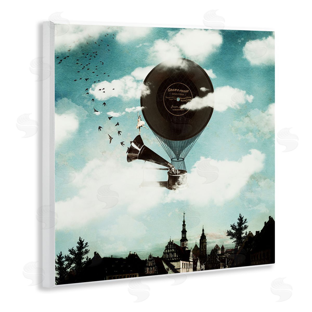 Paula Belle Flores Serene Gramophone Flying Birds Clouds City Buildings  Wooden Wall Plaque Art Print