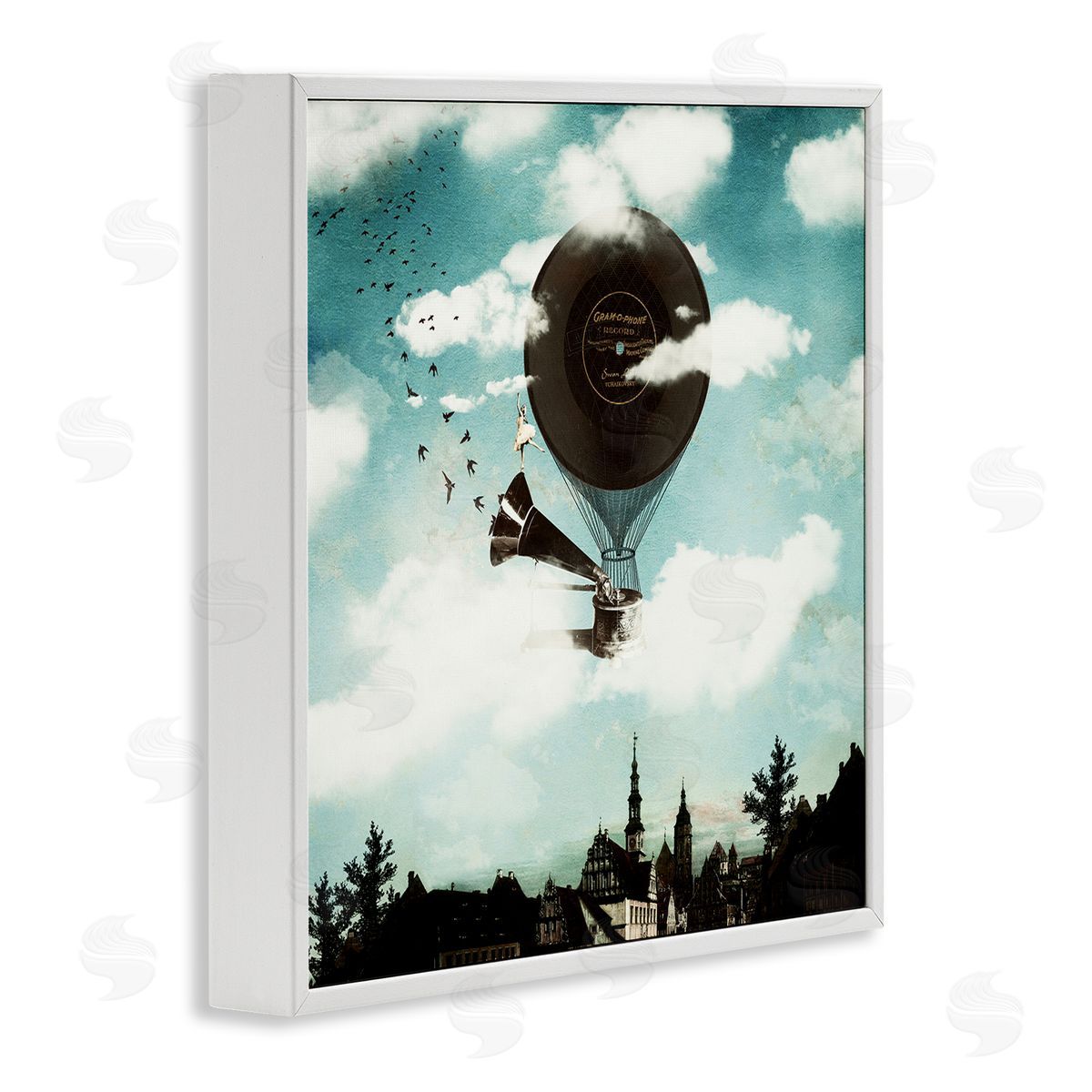 Paula Belle Flores Serene Gramophone Flying Birds Clouds City Buildings  White Framed Glicee Wall Art Print