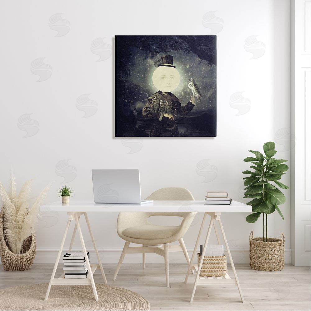 Paula Belle Flores Starry Night Sky Moon Person Bird Botanical Border  Canvas Wall Art in Room