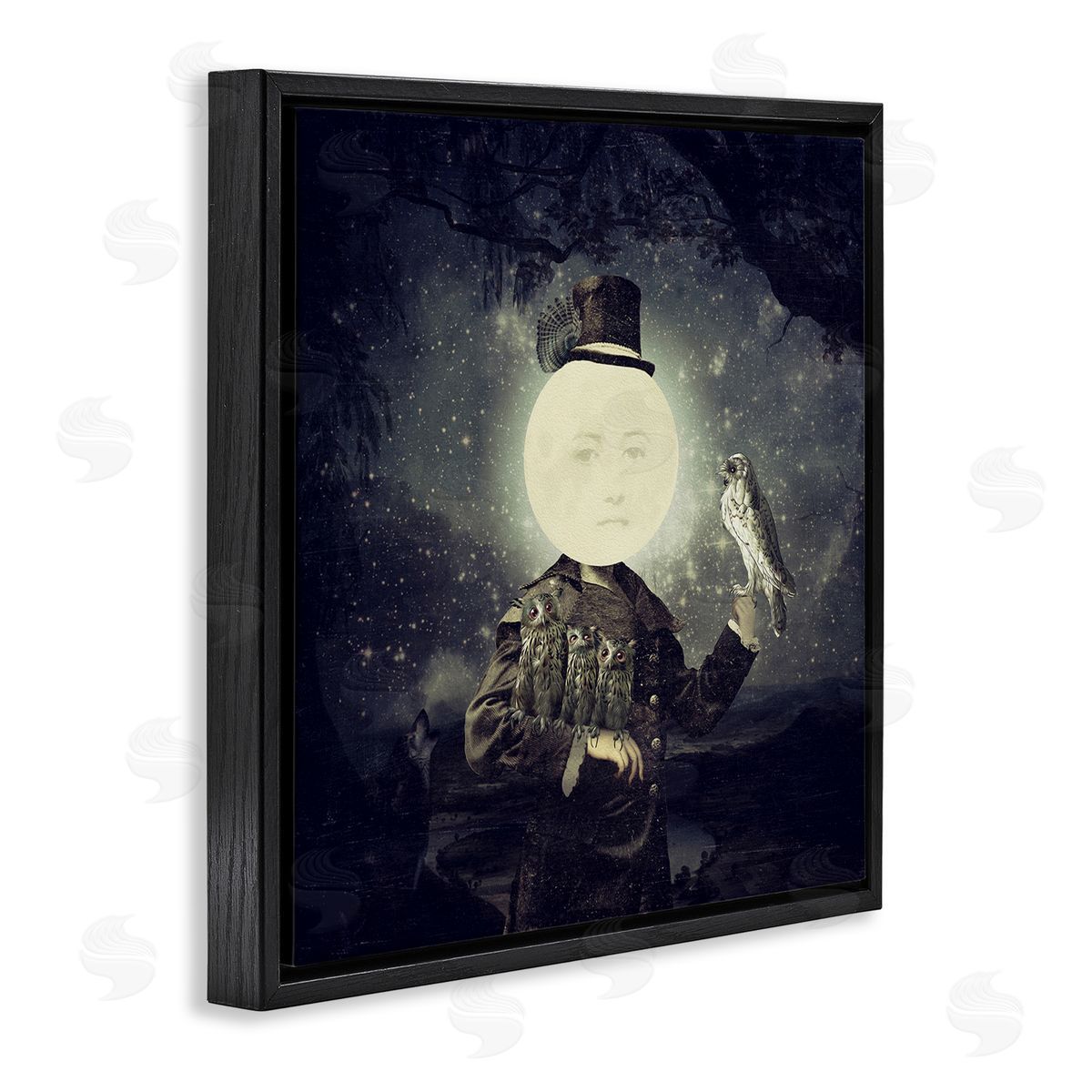 Paula Belle Flores Starry Night Sky Moon Person Bird Botanical Border  Black Floating Frame Canvas Wall Art Print