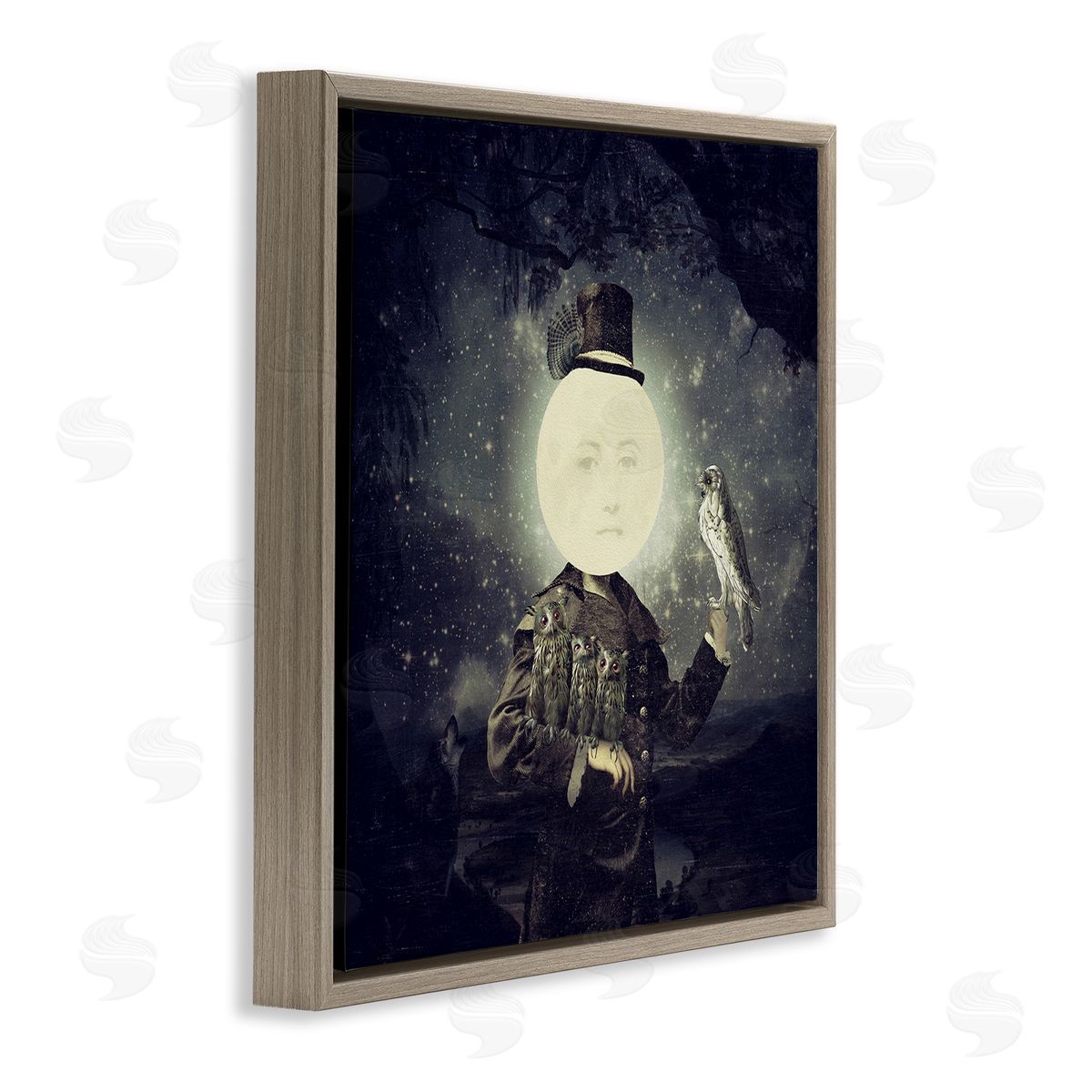 Paula Belle Flores Starry Night Sky Moon Person Bird Botanical Border  Brown Floating Frame Canvas Wall Art Print