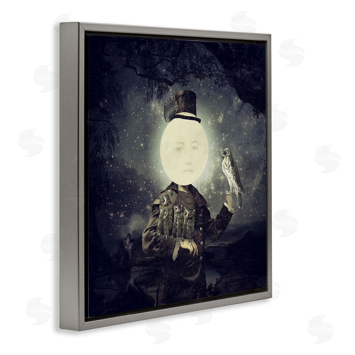 Paula Belle Flores Starry Night Sky Moon Person Bird Botanical Border  Gray Floating Frame Canvas Wall Art Print