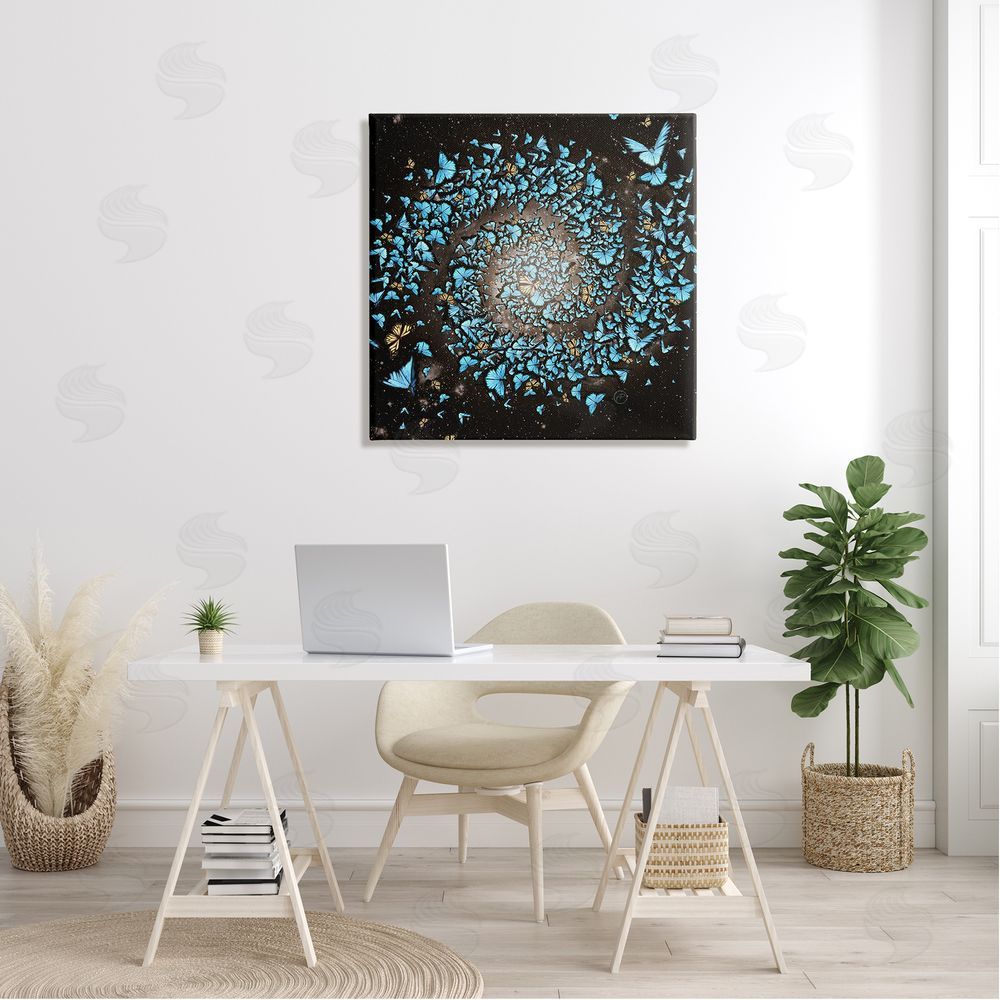 Paula Belle Flores Wild Butterflies Flying Vivid Blue Spiral Shape  Canvas Wall Art in Room