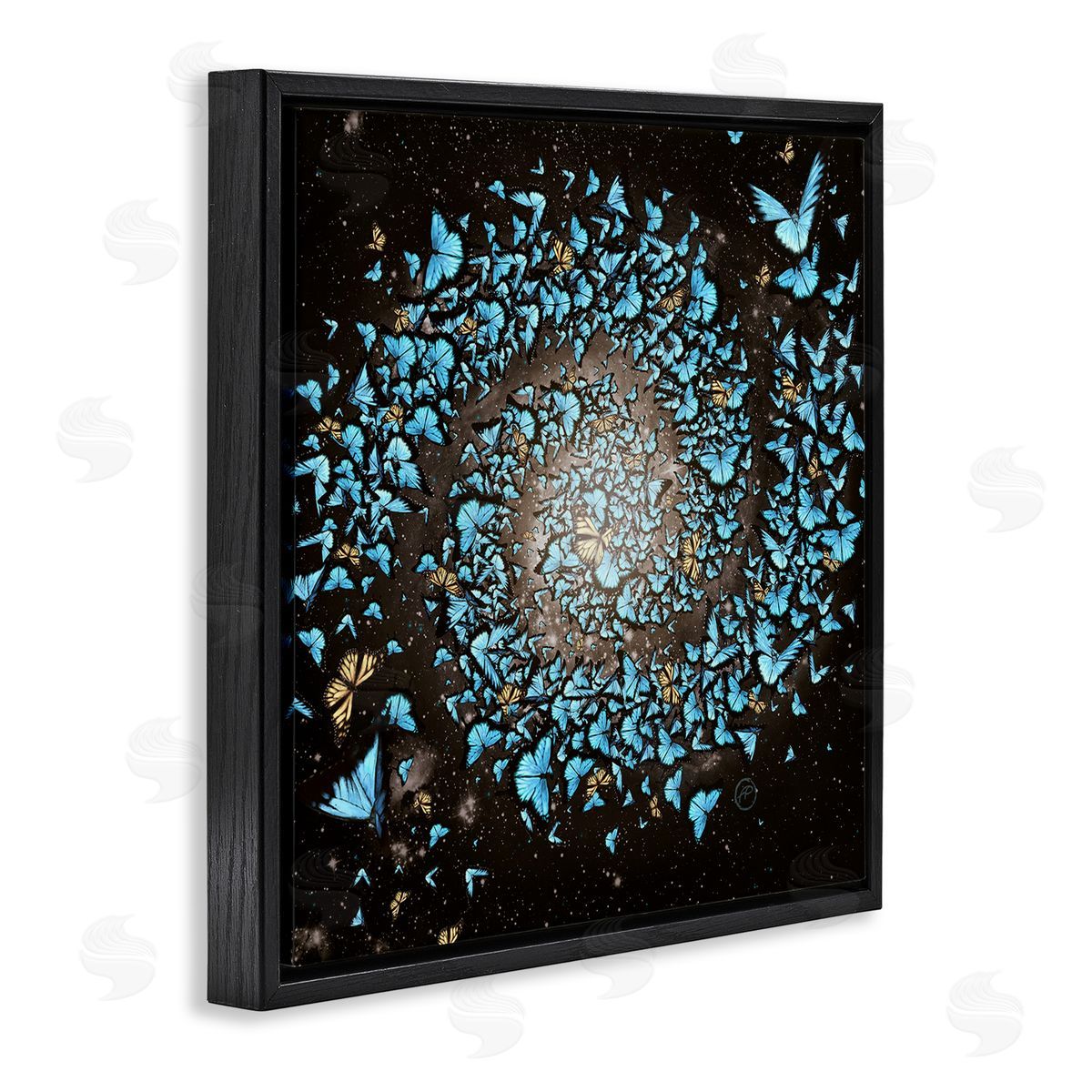 Paula Belle Flores Wild Butterflies Flying Vivid Blue Spiral Shape  Black Floating Frame Canvas Wall Art Print