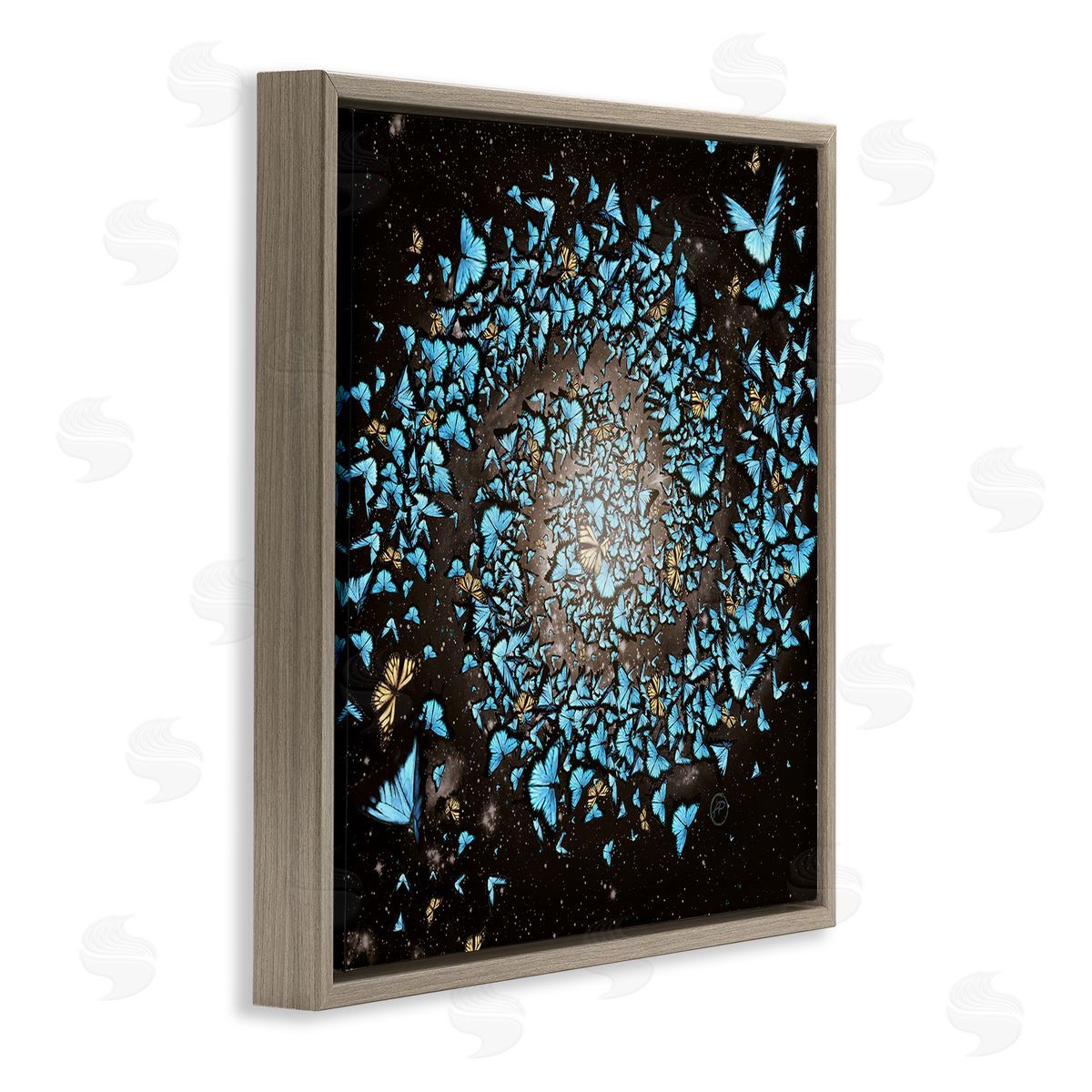 Paula Belle Flores Wild Butterflies Flying Vivid Blue Spiral Shape  Brown Floating Frame Canvas Wall Art Print