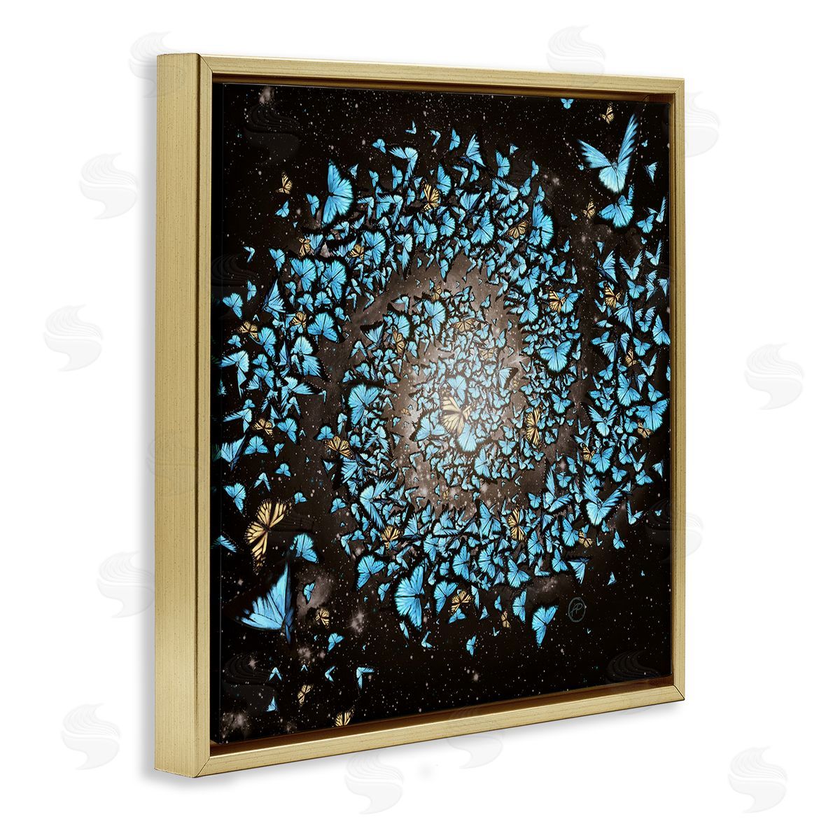 Paula Belle Flores Wild Butterflies Flying Vivid Blue Spiral Shape  Gold Floating Frame Canvas Wall Art Print