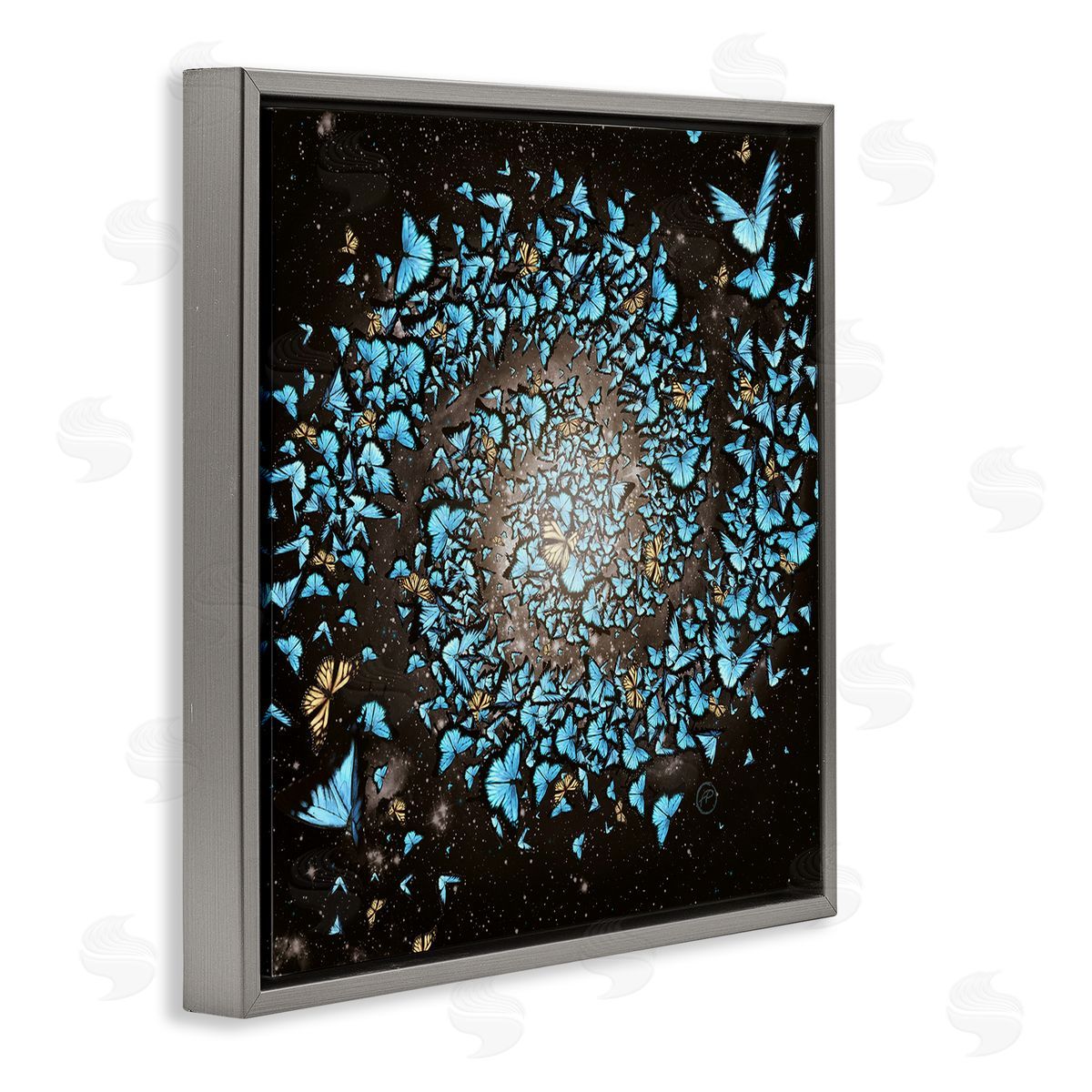 Paula Belle Flores Wild Butterflies Flying Vivid Blue Spiral Shape  Gray Floating Frame Canvas Wall Art Print