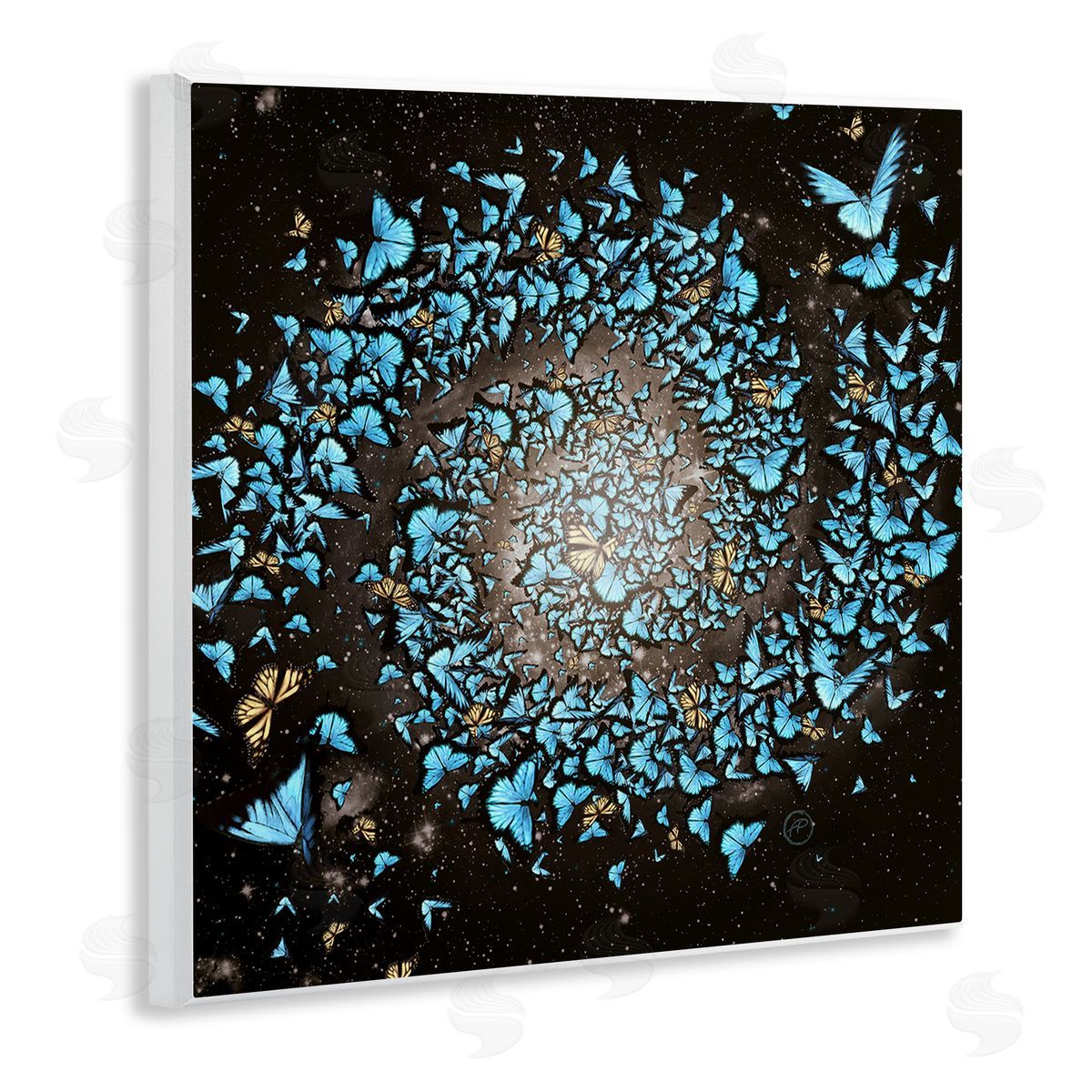 Paula Belle Flores Wild Butterflies Flying Vivid Blue Spiral Shape  Wooden Wall Plaque Art Print