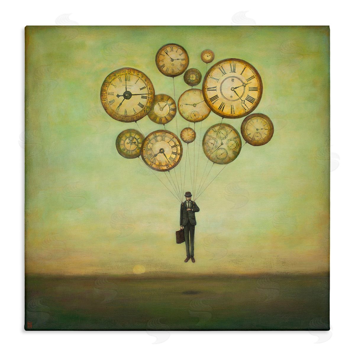 Duy Huynh Surreal Analog Clocks Balloons Floating Businessman Suit  Stretched Canvas Wall Art Print