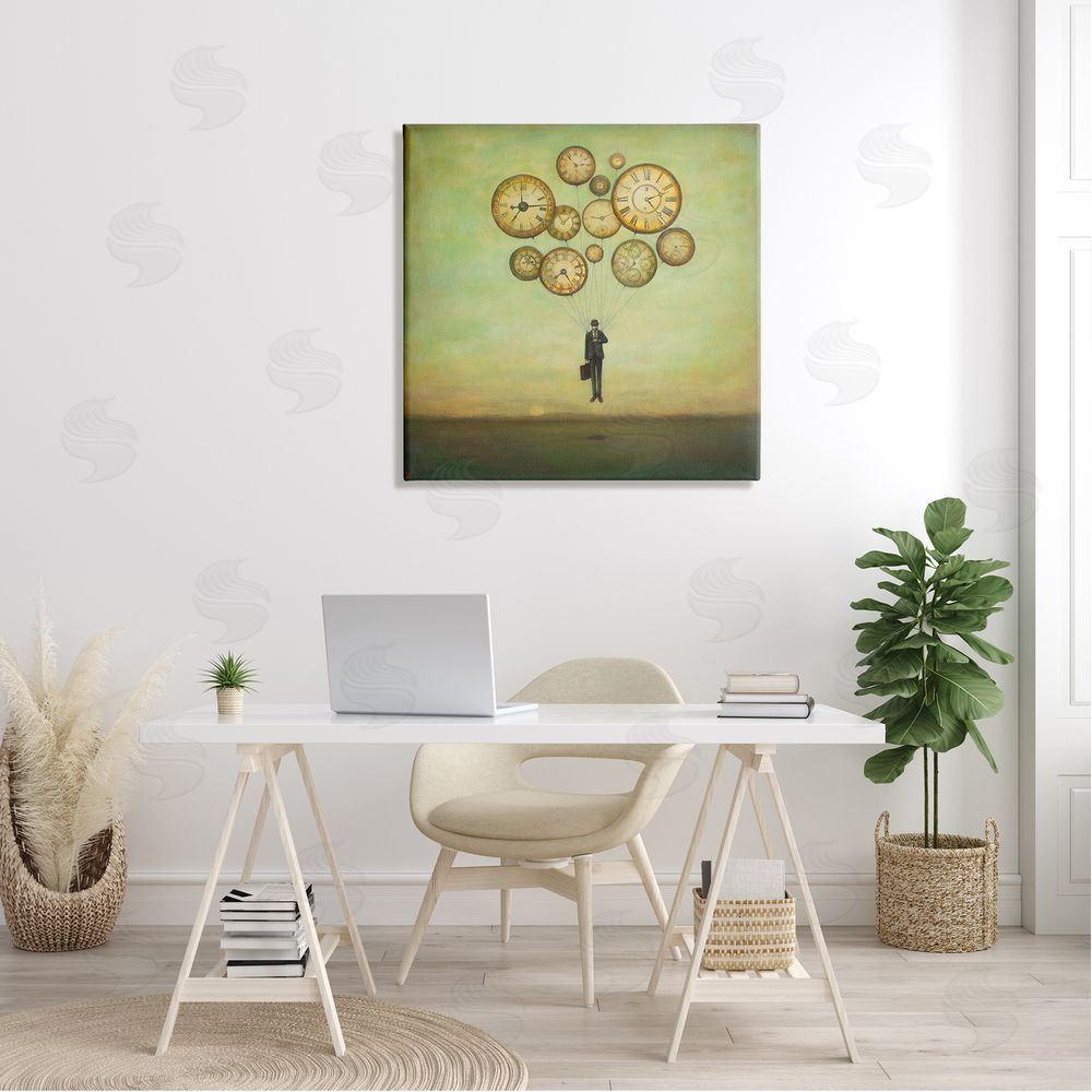 Duy Huynh Surreal Analog Clocks Balloons Floating Businessman Suit  Canvas Wall Art in Room