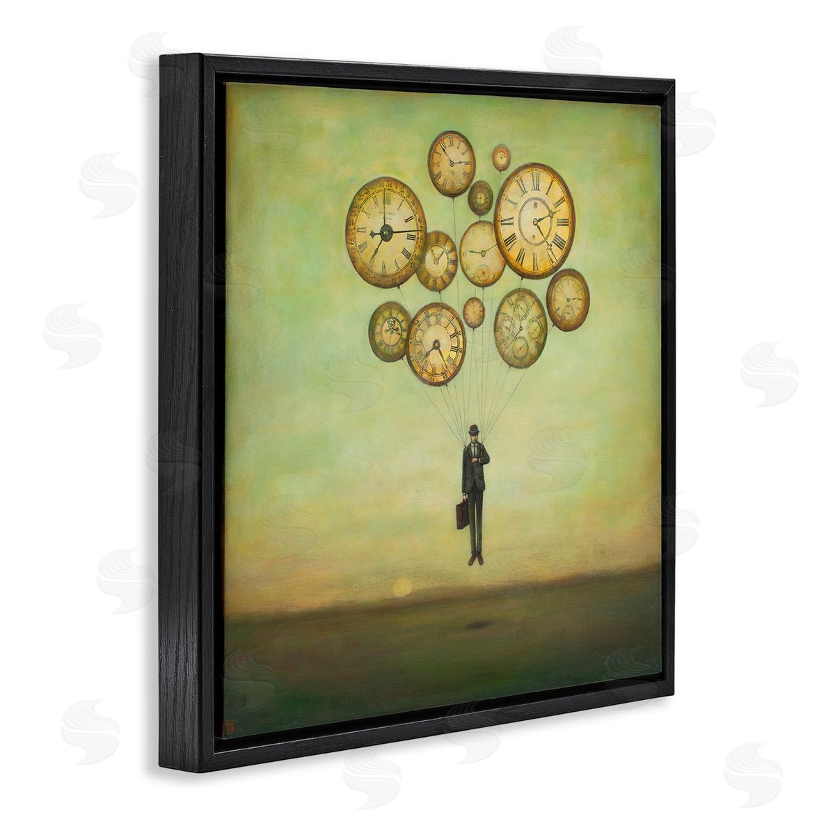 Duy Huynh Surreal Analog Clocks Balloons Floating Businessman Suit  Black Floating Frame Canvas Wall Art Print