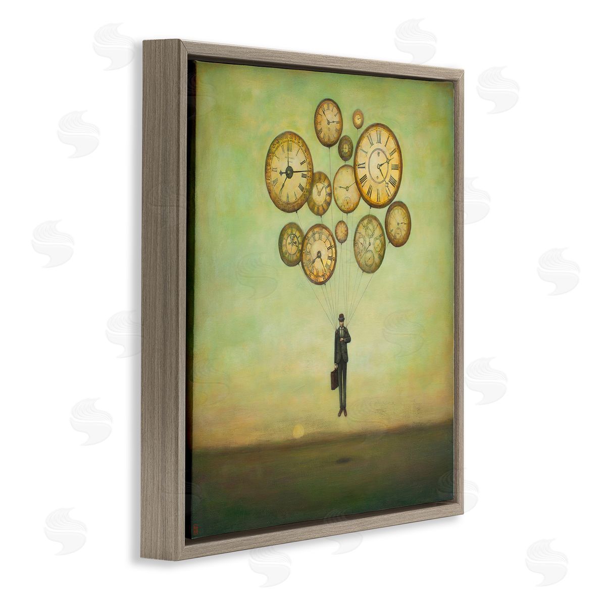 Duy Huynh Surreal Analog Clocks Balloons Floating Businessman Suit  Brown Floating Frame Canvas Wall Art Print