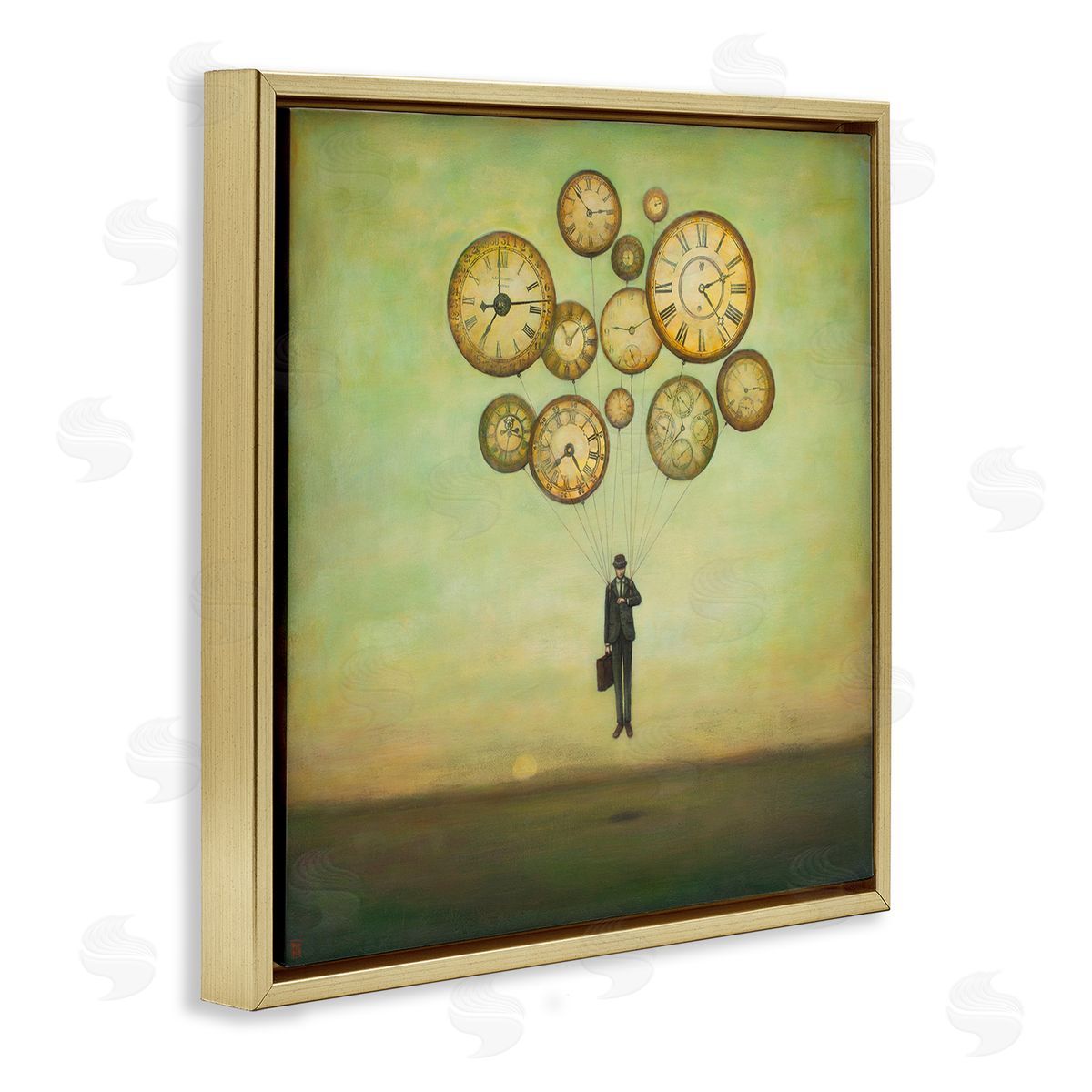 Duy Huynh Surreal Analog Clocks Balloons Floating Businessman Suit  Gold Floating Frame Canvas Wall Art Print