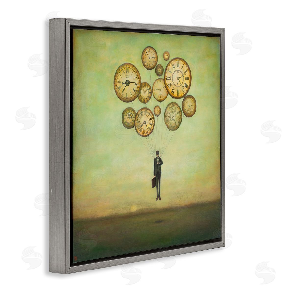Duy Huynh Surreal Analog Clocks Balloons Floating Businessman Suit  Gray Floating Frame Canvas Wall Art Print