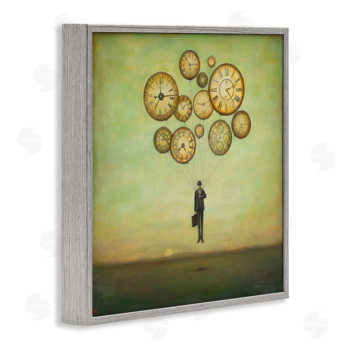 Duy Huynh Surreal Analog Clocks Balloons Floating Businessman Suit  Gray Framed Glicee Wall Art Print