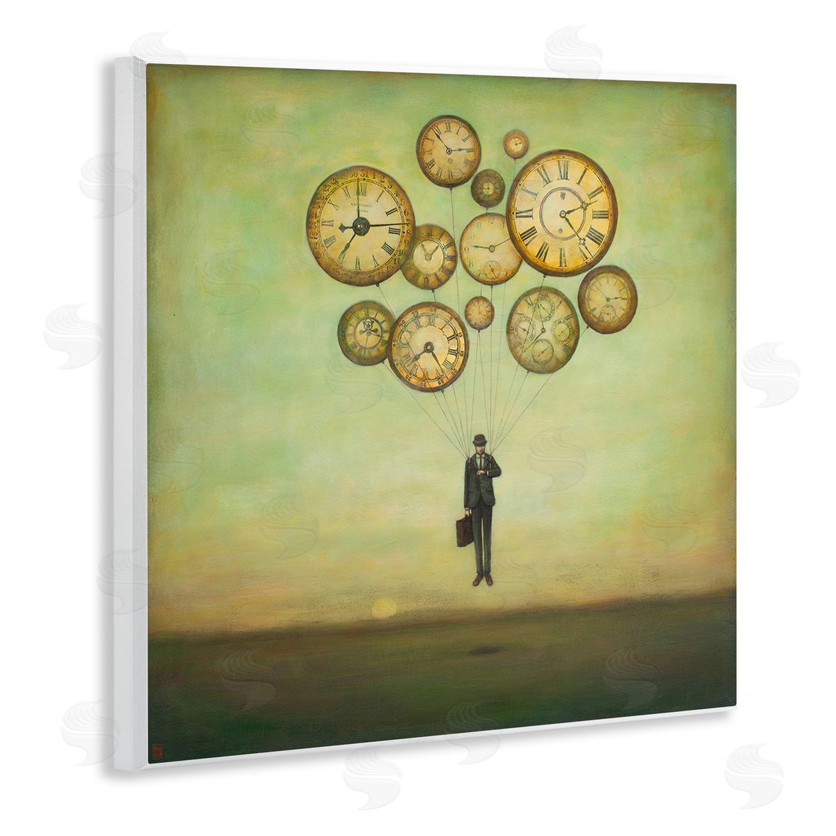 Duy Huynh Surreal Analog Clocks Balloons Floating Businessman Suit  Wooden Wall Plaque Art Print