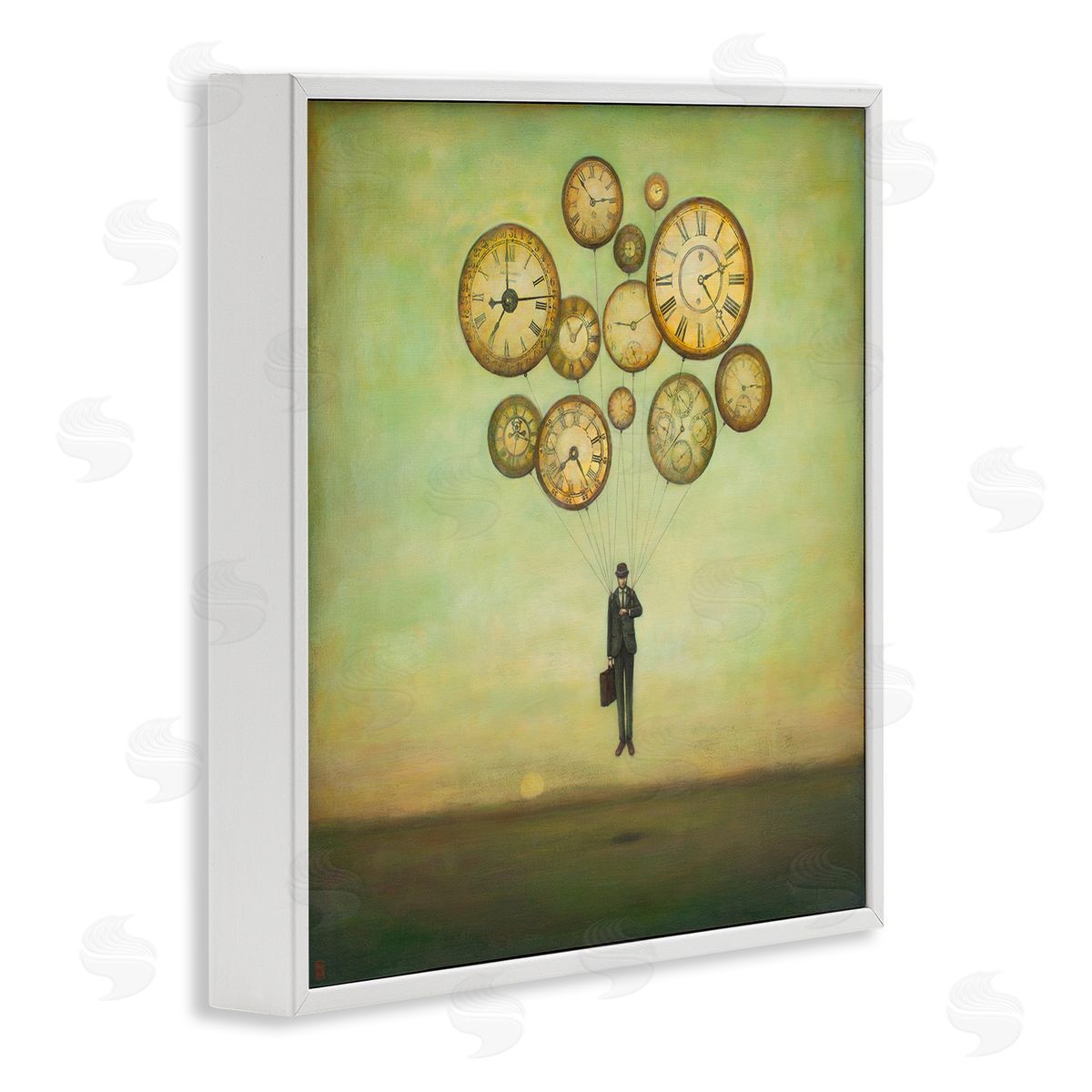 Duy Huynh Surreal Analog Clocks Balloons Floating Businessman Suit  White Framed Glicee Wall Art Print