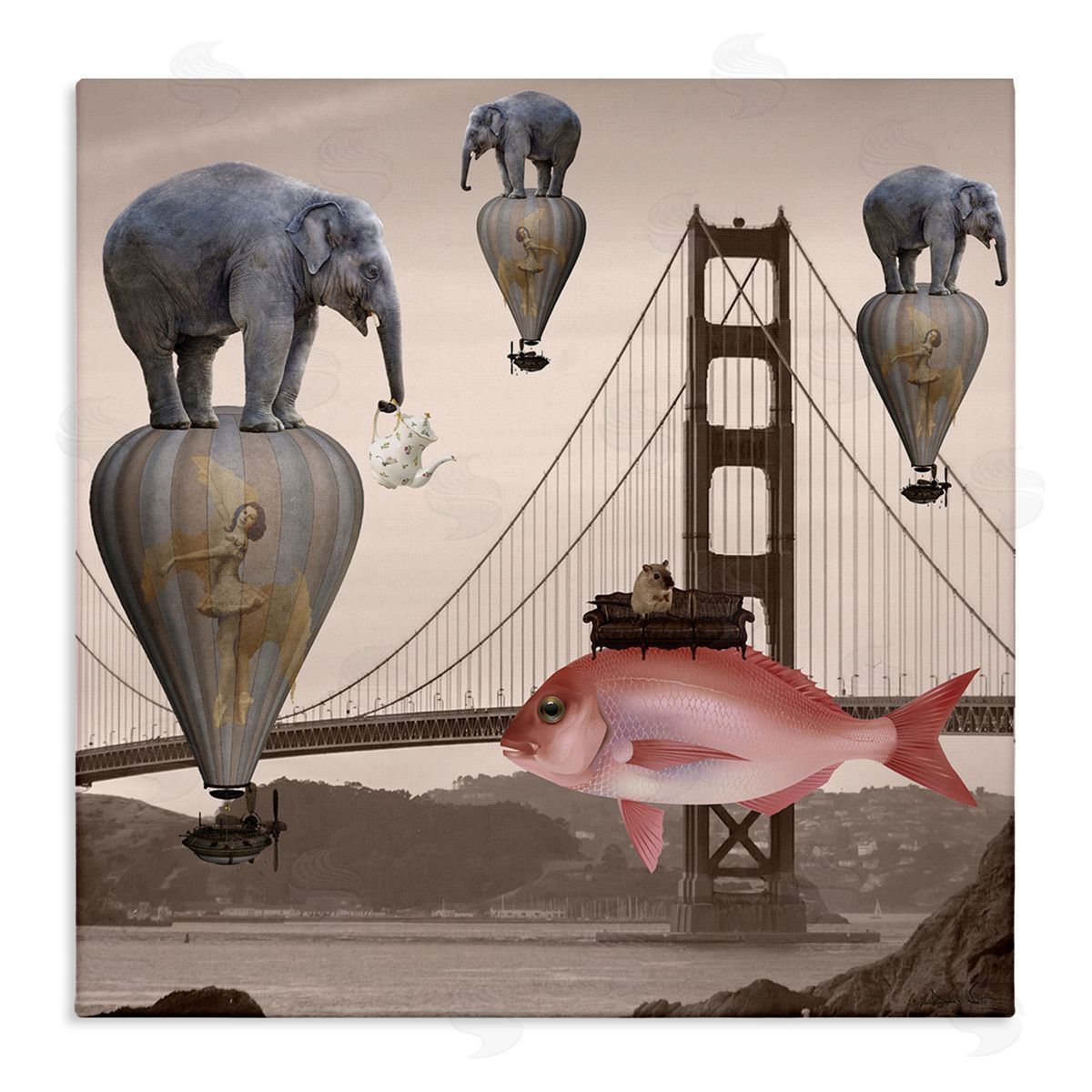 Daniela Nocito Surreal Elephant Fish Balloons Golden Gate Bridge Water  Stretched Canvas Wall Art Print