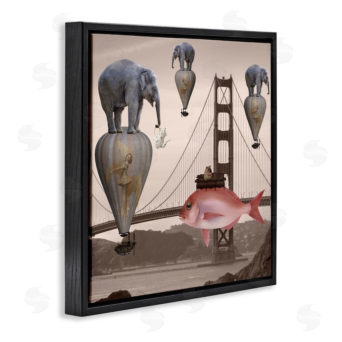 Daniela Nocito Surreal Elephant Fish Balloons Golden Gate Bridge Water  Black Floating Frame Canvas Wall Art Print