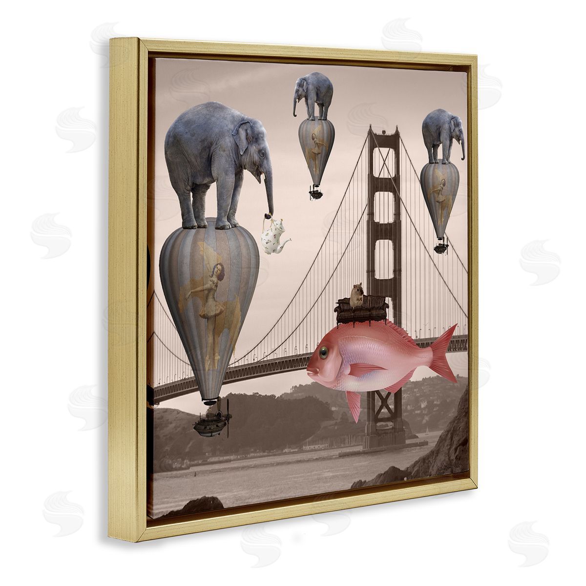 Daniela Nocito Surreal Elephant Fish Balloons Golden Gate Bridge Water  Gold Floating Frame Canvas Wall Art Print