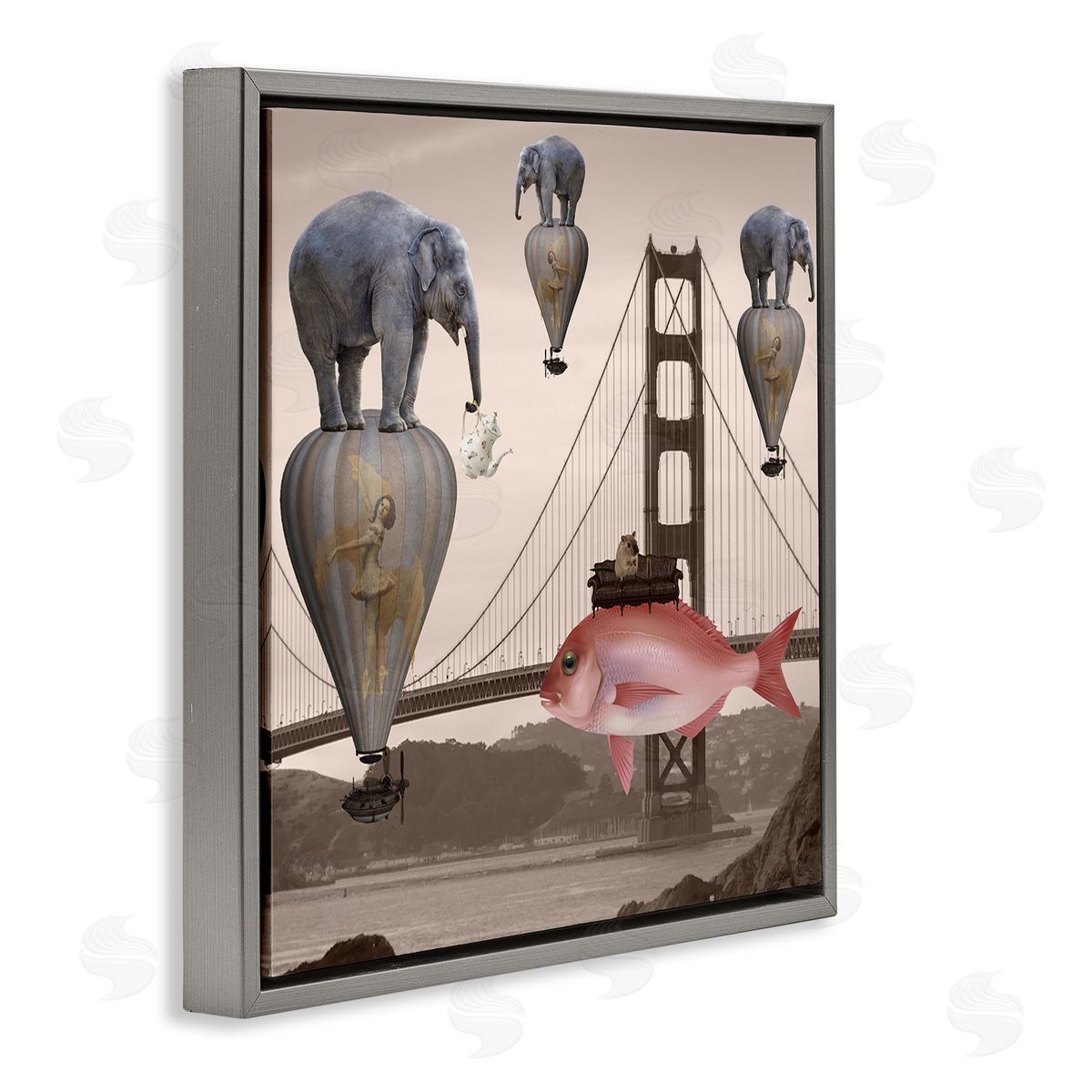 Daniela Nocito Surreal Elephant Fish Balloons Golden Gate Bridge Water  Gray Floating Frame Canvas Wall Art Print