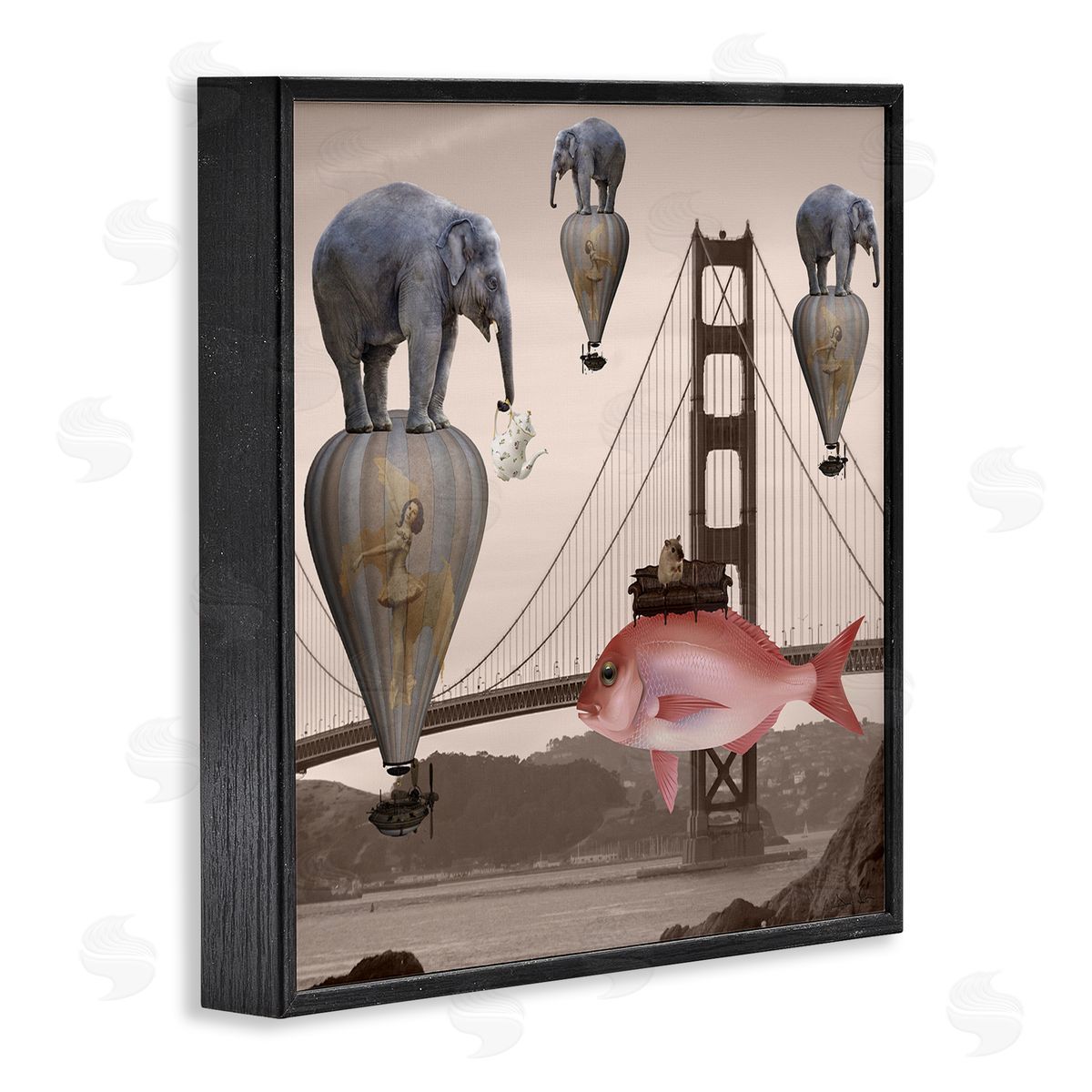 Daniela Nocito Surreal Elephant Fish Balloons Golden Gate Bridge Water  Black Framed Glicee Wall Art Print