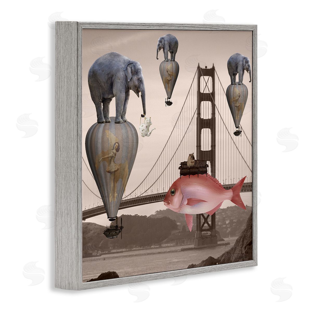 Daniela Nocito Surreal Elephant Fish Balloons Golden Gate Bridge Water  Gray Framed Glicee Wall Art Print