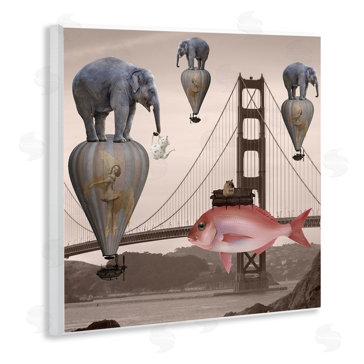 Daniela Nocito Surreal Elephant Fish Balloons Golden Gate Bridge Water  Wooden Wall Plaque Art Print