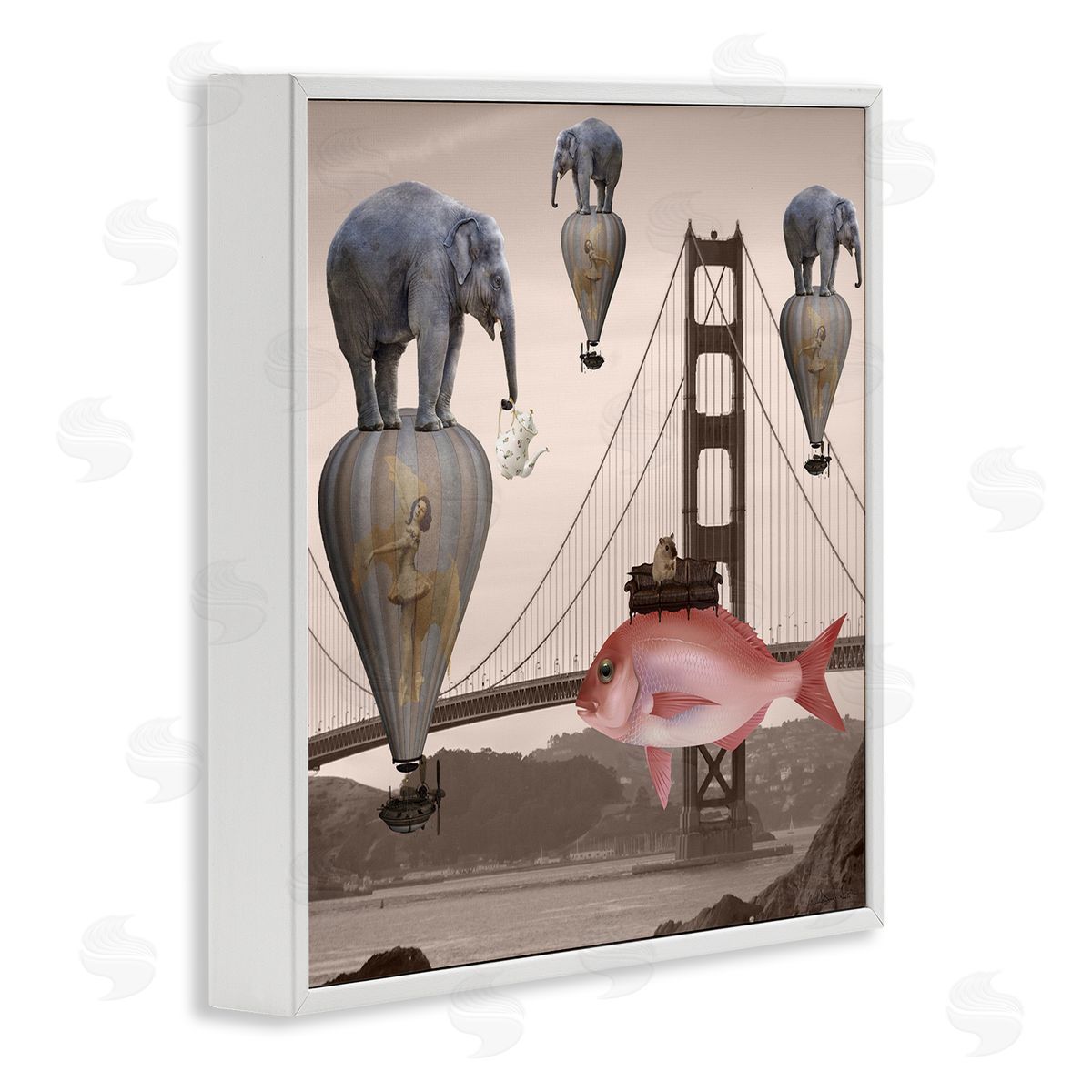 Daniela Nocito Surreal Elephant Fish Balloons Golden Gate Bridge Water  White Framed Glicee Wall Art Print