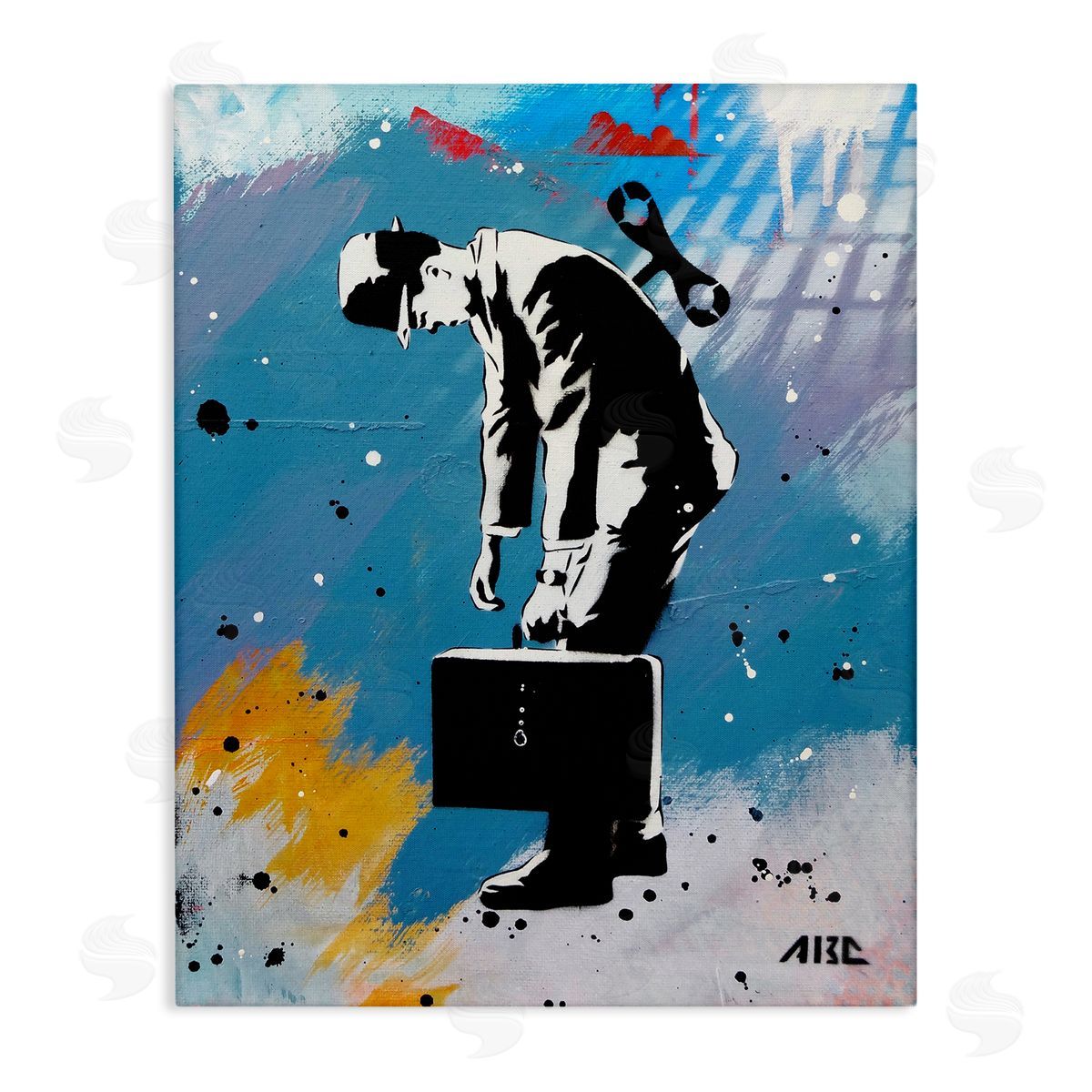 AbcArtAttack Street Wind Up Toy Businessman Modern Splatter  Stretched Canvas Wall Art Print