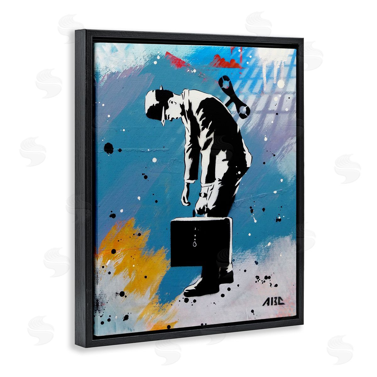 AbcArtAttack Street Wind Up Toy Businessman Modern Splatter  Black Floating Frame Canvas Wall Art Print