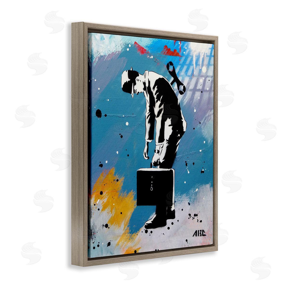 AbcArtAttack Street Wind Up Toy Businessman Modern Splatter  Brown Floating Frame Canvas Wall Art Print