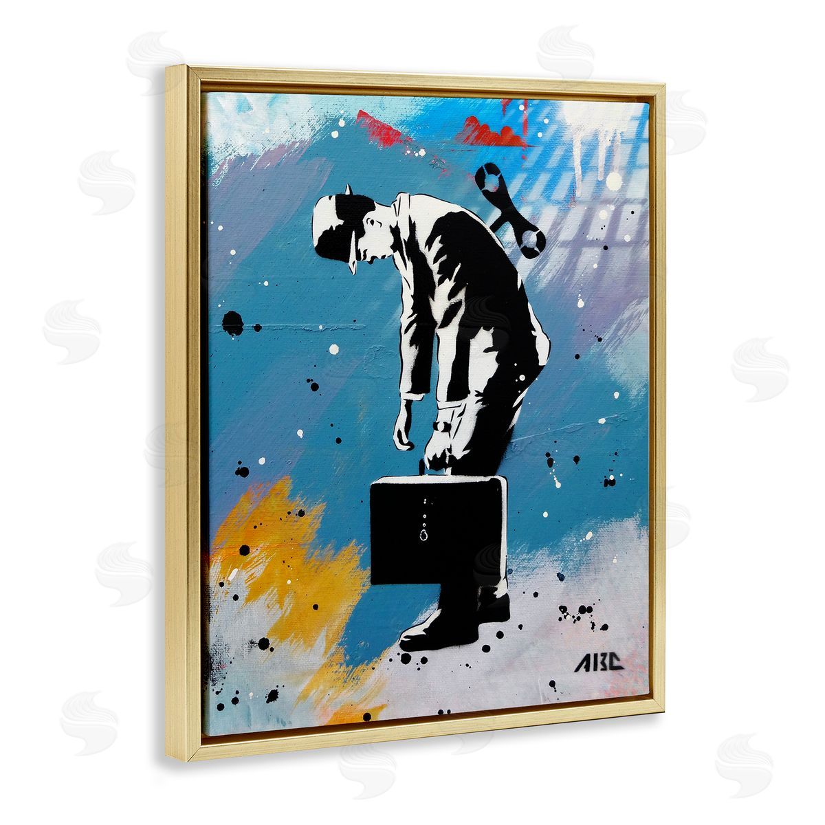 AbcArtAttack Street Wind Up Toy Businessman Modern Splatter  Gold Floating Frame Canvas Wall Art Print