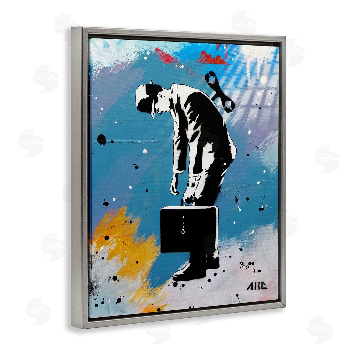 AbcArtAttack Street Wind Up Toy Businessman Modern Splatter  Gray Floating Frame Canvas Wall Art Print