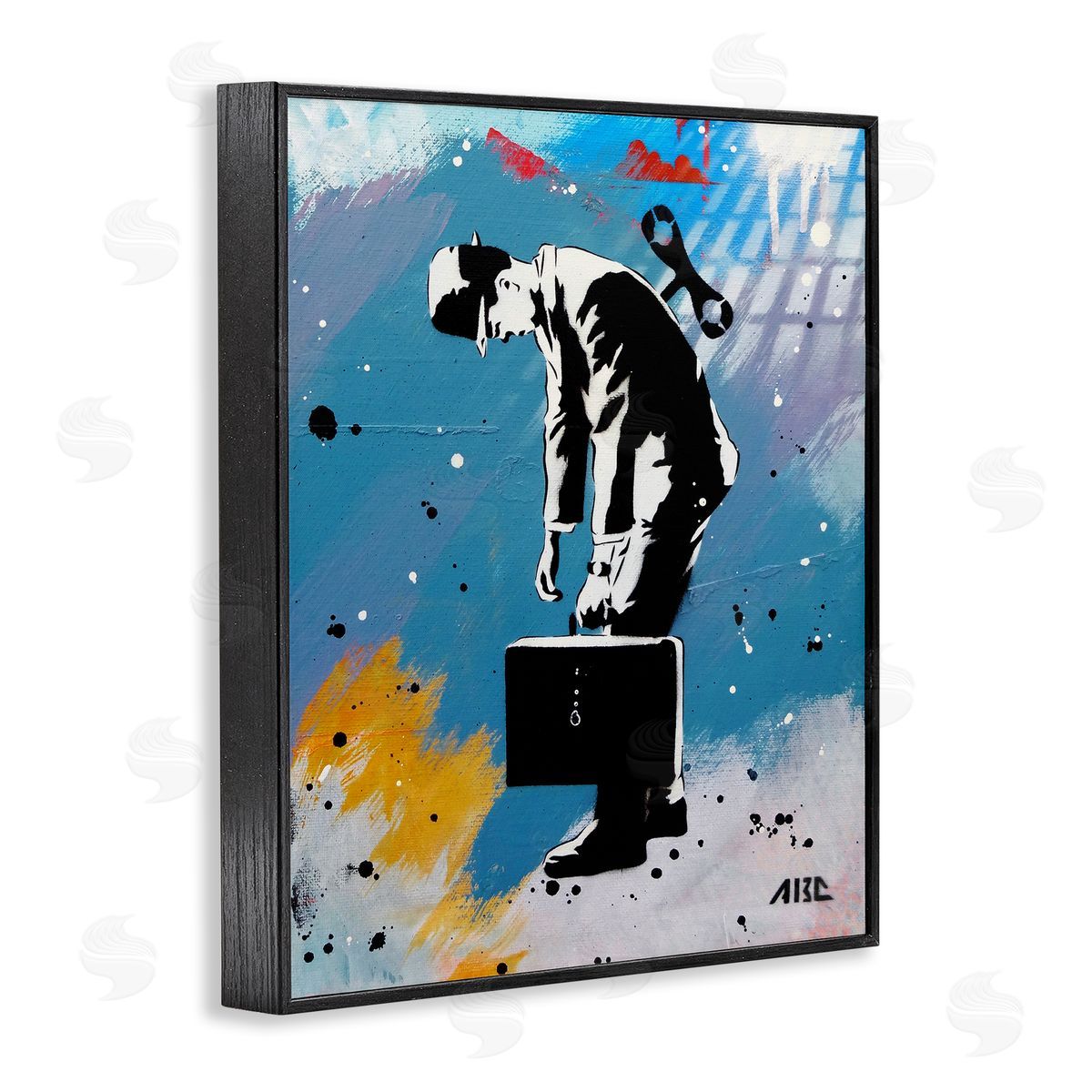 AbcArtAttack Street Wind Up Toy Businessman Modern Splatter  Black Framed Giclee Wall Art Print