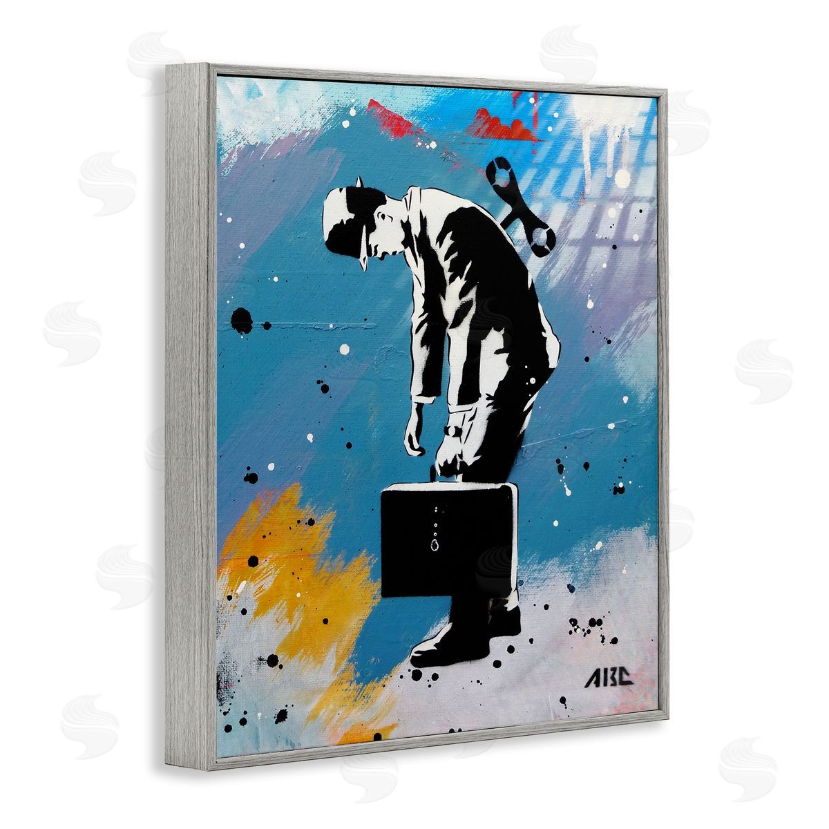 AbcArtAttack Street Wind Up Toy Businessman Modern Splatter  Gray Framed Giclee Wall Art Print